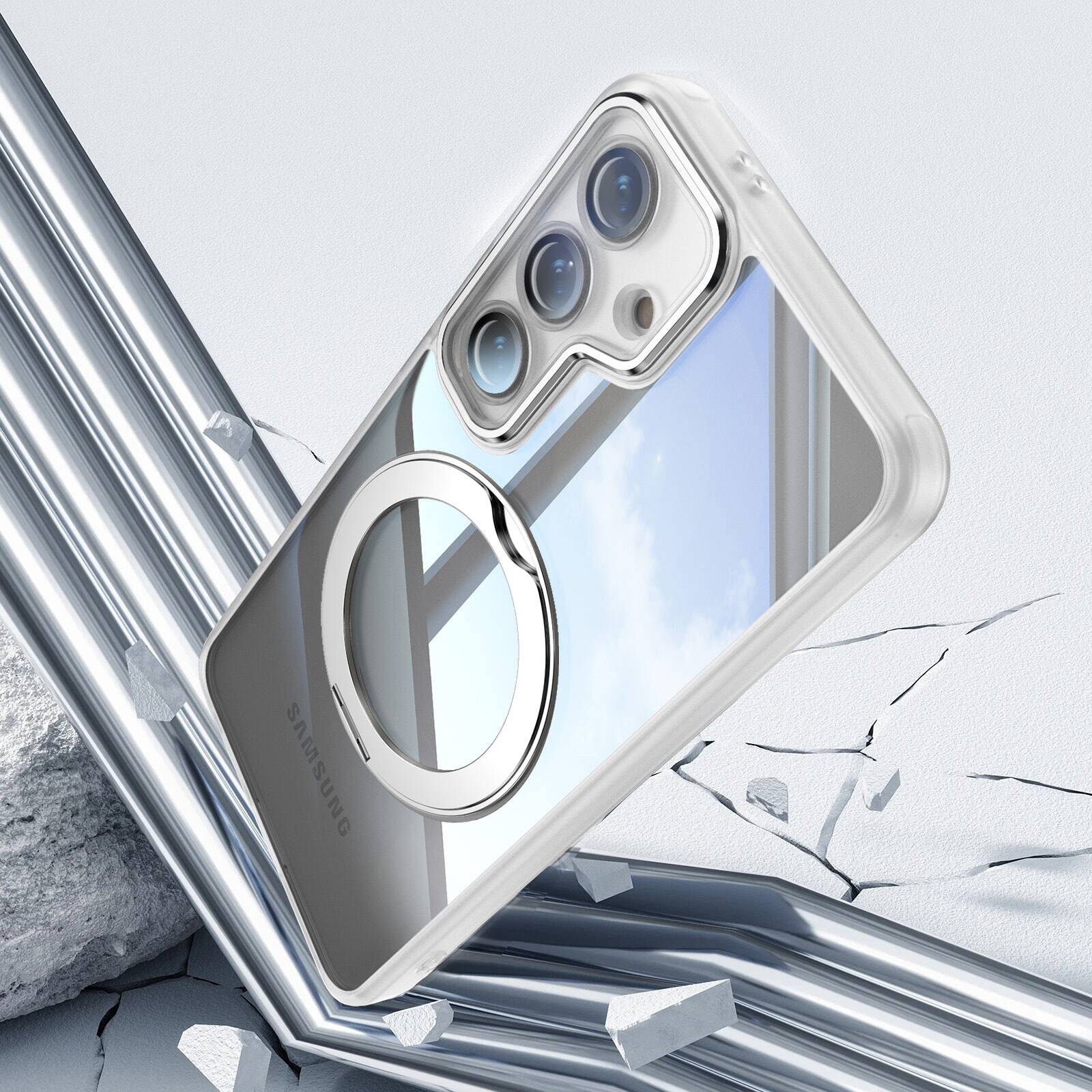 Alt View 3. Dteck - Magnetic Clear Case For Samsung Galaxy A17 5G, Shockproof Anti-Scratch 360° Ring Holder Stand PC+TPU Protection Cover - White.