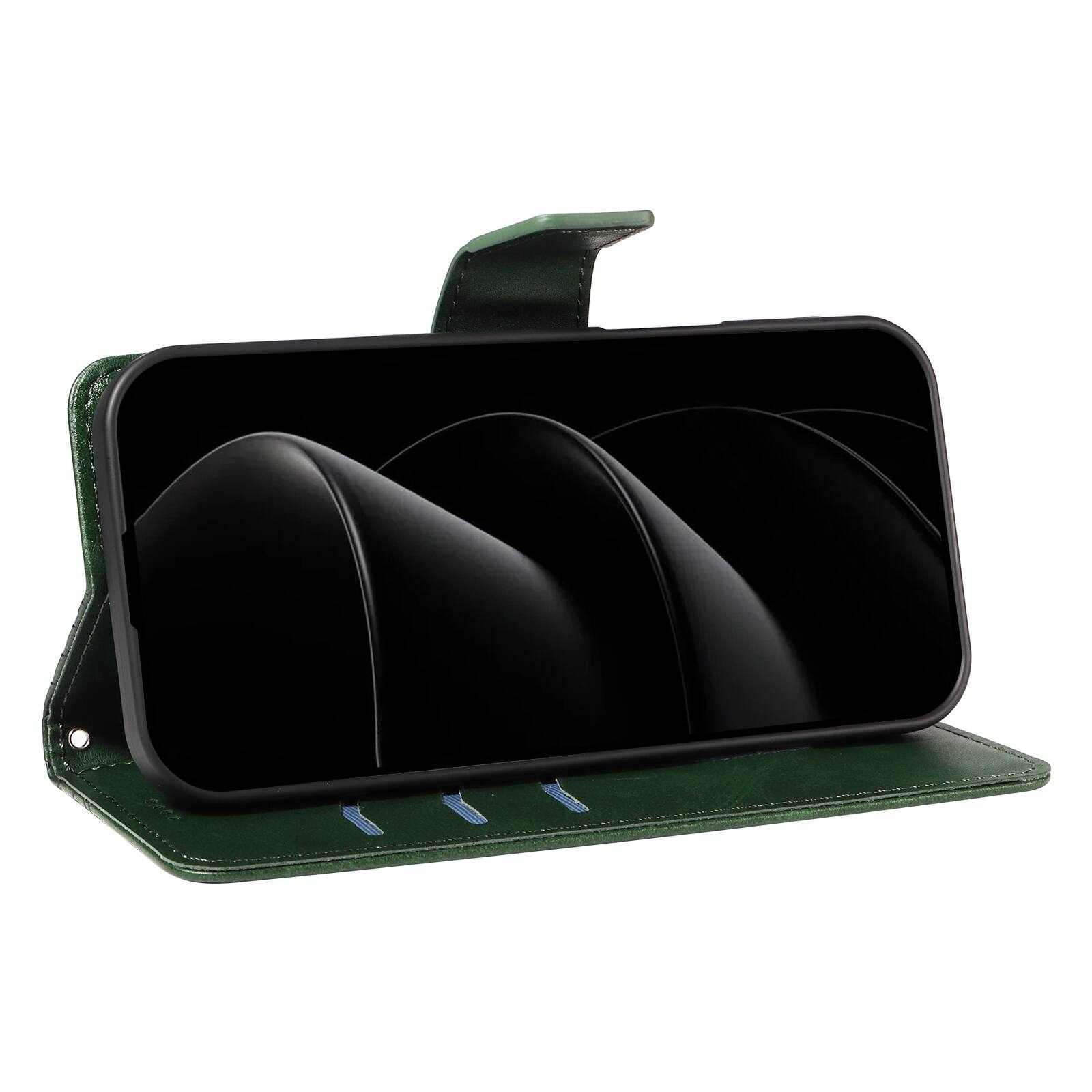 Angle. Dteck - Magnetic Wallet Pocket Case For iPhone 17 Pro Max, Shockproof Faux Leather Card Pocket Wrist Strap Cover - Darkgreen.