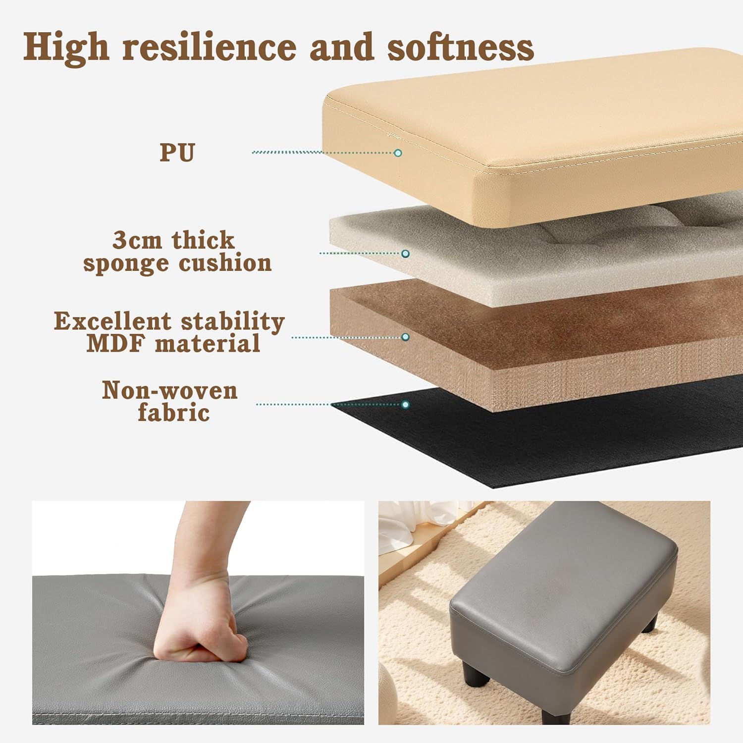 High resilience and softness

- PU
- 3cm thick sponge cushion
- Excellent stability MDF material
- Non-woven fabric