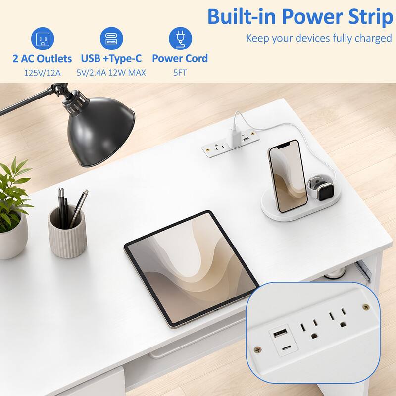 Built-in Power Strip  
Keep your devices fully charged  

2 AC Outlets  
USB + Type-C  
Power Cord  
125V/12A  
5V/2.4A 12W MAX  
5FT