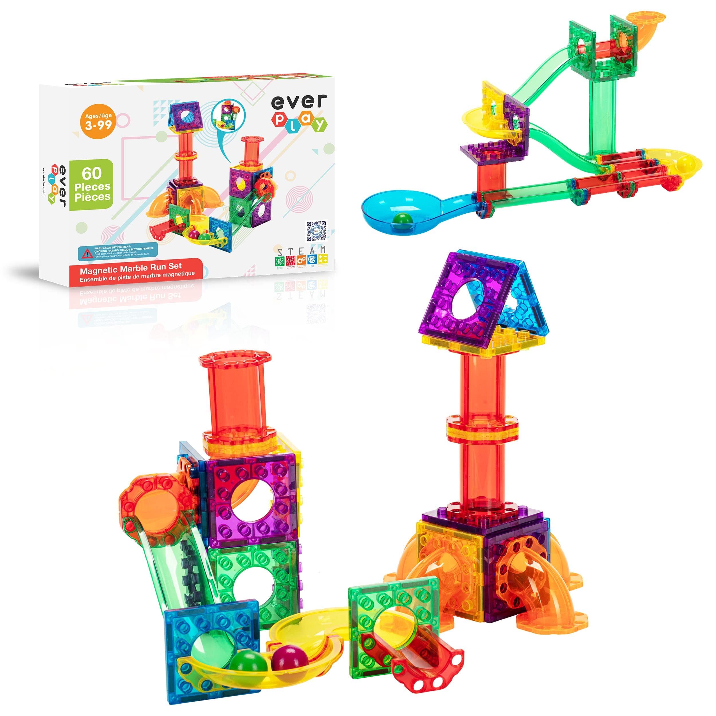 Everplay - Everyplay Marble Run Magnetic Tiles for Kids, 60PCS, Construction Magnet Tiles Race Track Building Blocks STEM Toy - Multicolor