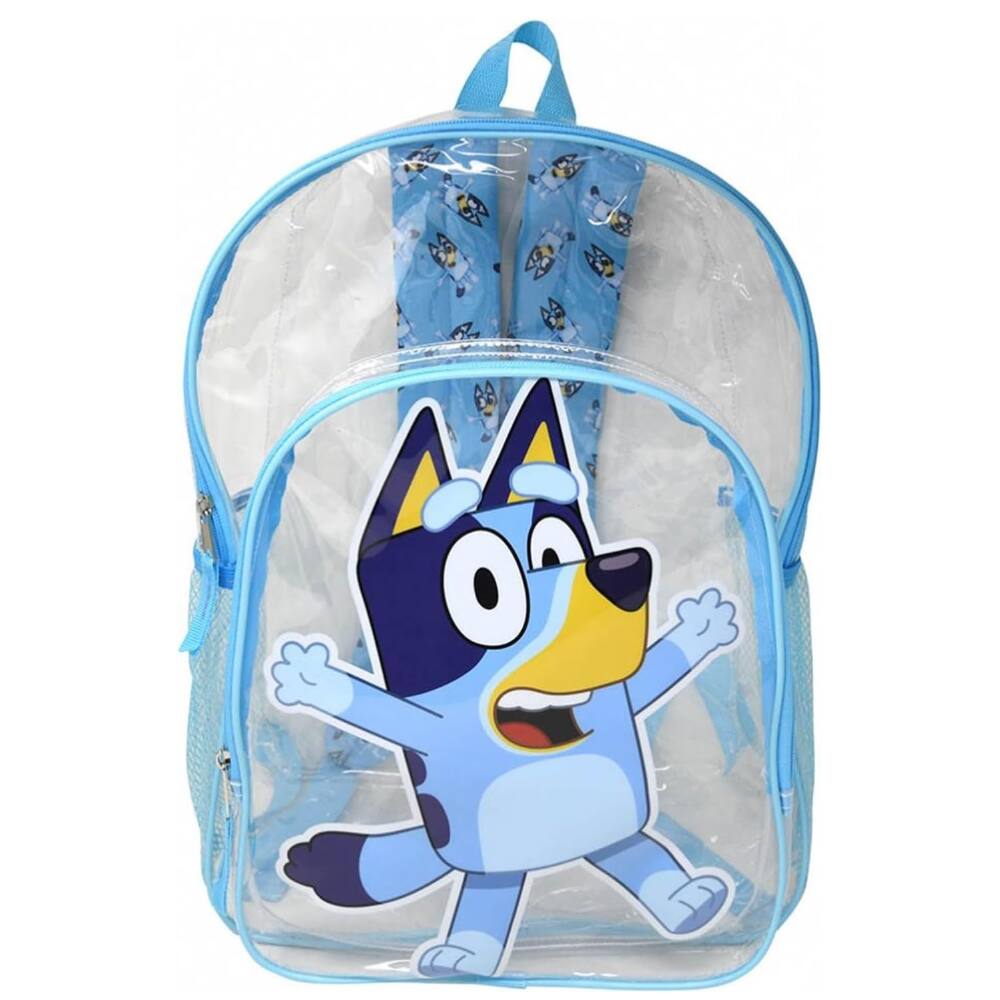 Alt View 1. UPD - Bluey 16" Clear Backpack for Kids, Transparent Bag with 2 Side Mesh Pockets - Clear.