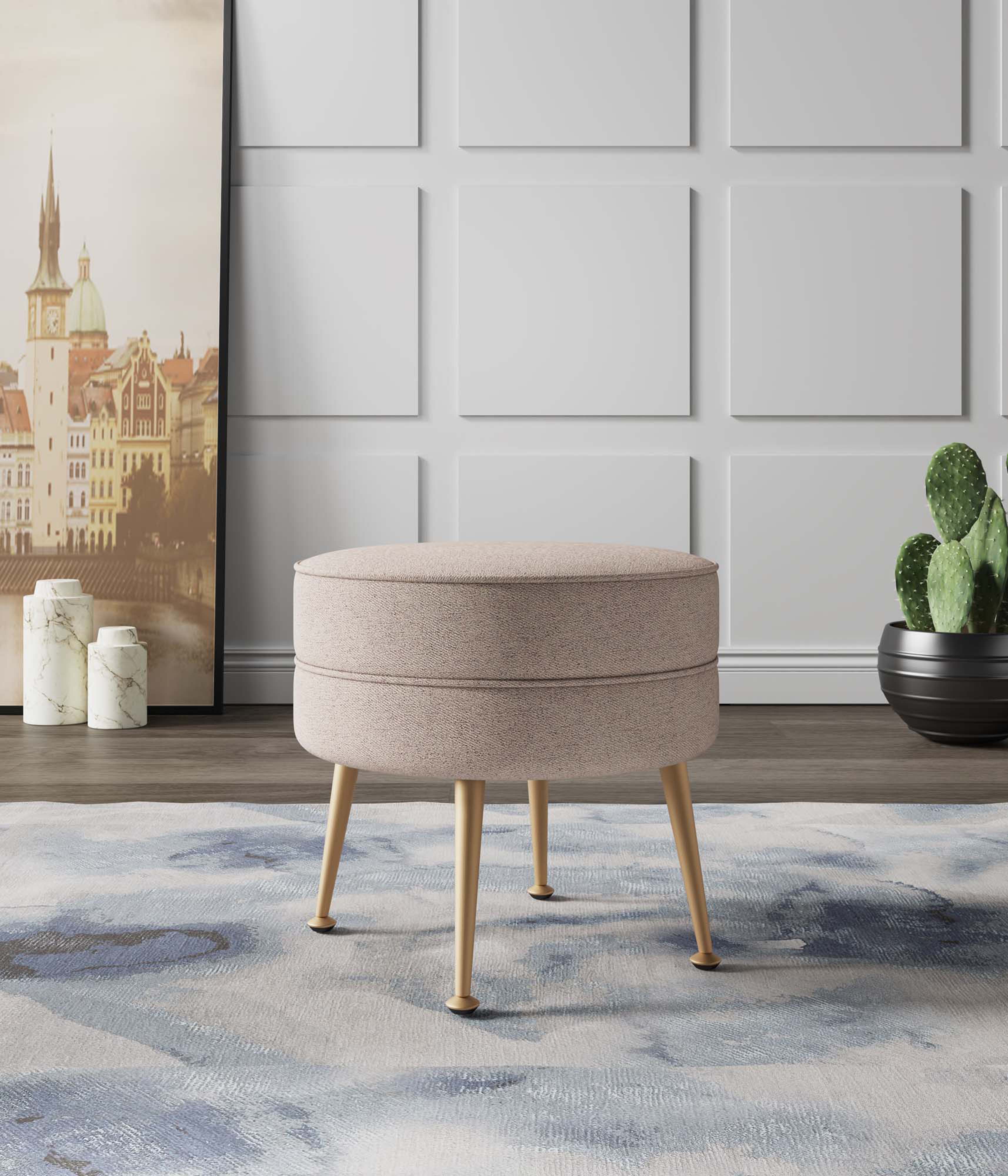 Angle. Manhattan Comfort - Bailey Mid-Century Modern Upholstered Accent Ottoman - Wheat.