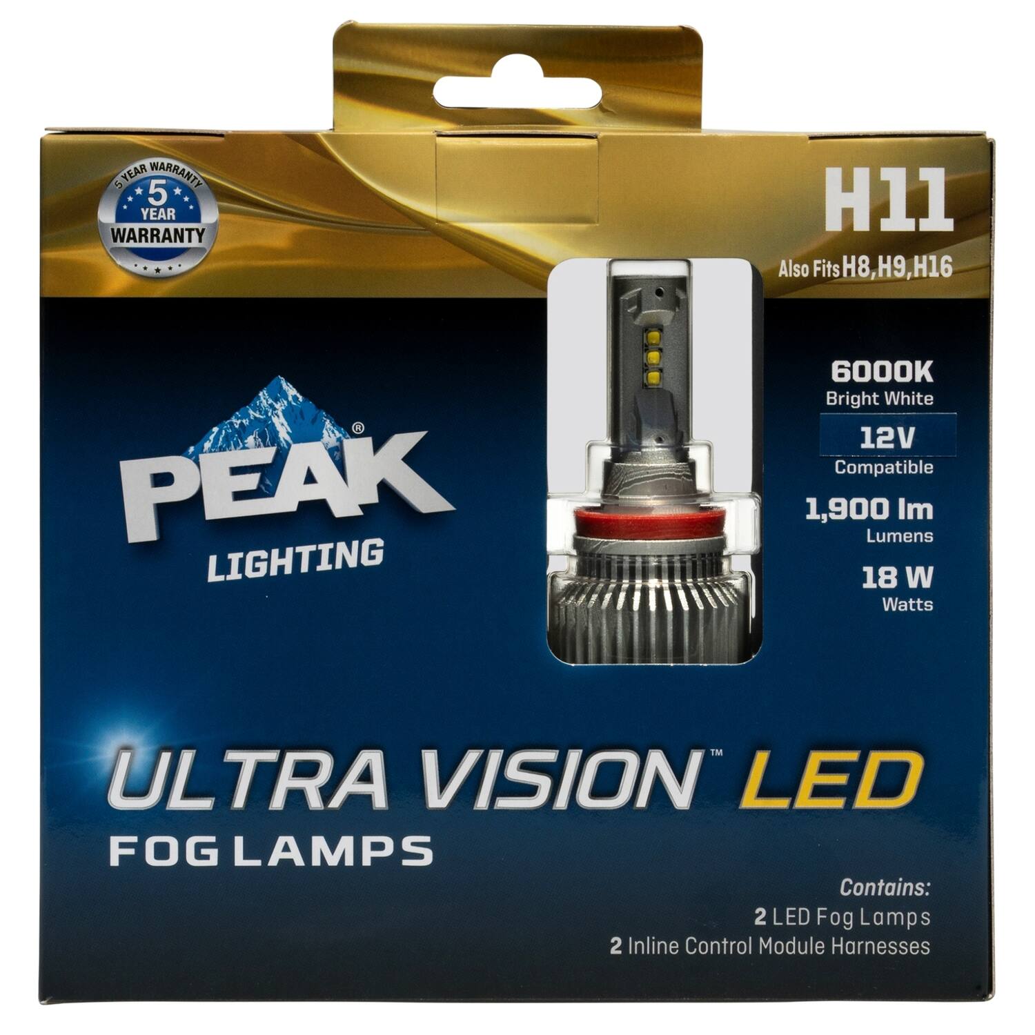 5 YEAR WARRANTY  
5 YEAR WARRANTY H11  
Also Fits H8, H9, H16  

PEAK LIGHTING  
6000K Bright White  
12V Compatible  
1,900 Im Lumens  
18 W Watts  

ULTRA VISION LED FOG LAMPS  

Contains:  
2 LED Fog Lamps  
2 Inline Control Module Harnesses