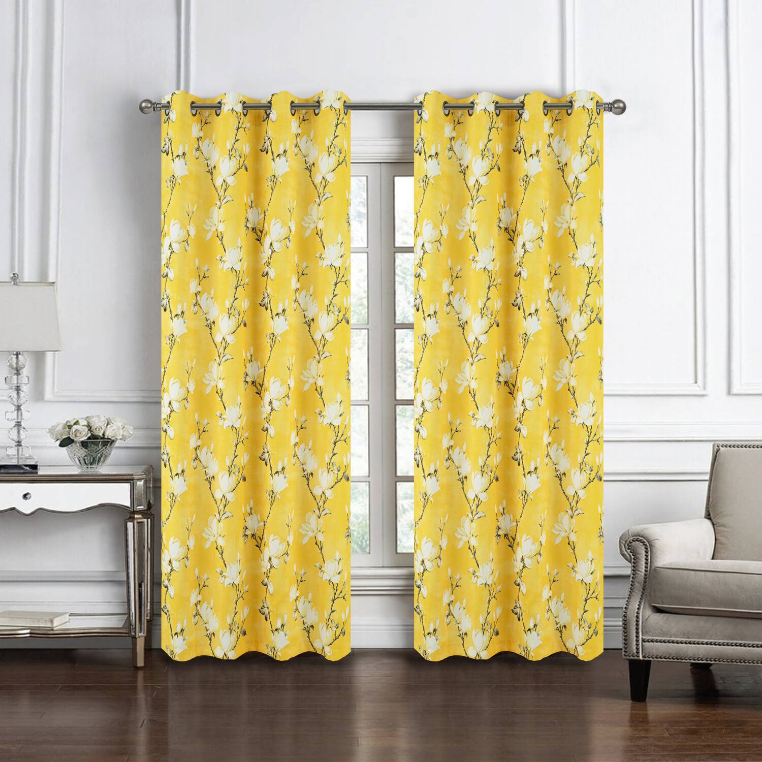 Angle. Olivia Gray - Olivia Gray 100% Polyester 200 GSM Blossom Printed Blackout Grommet Curtain Panel 54" x 90" Yellow - Yellow.