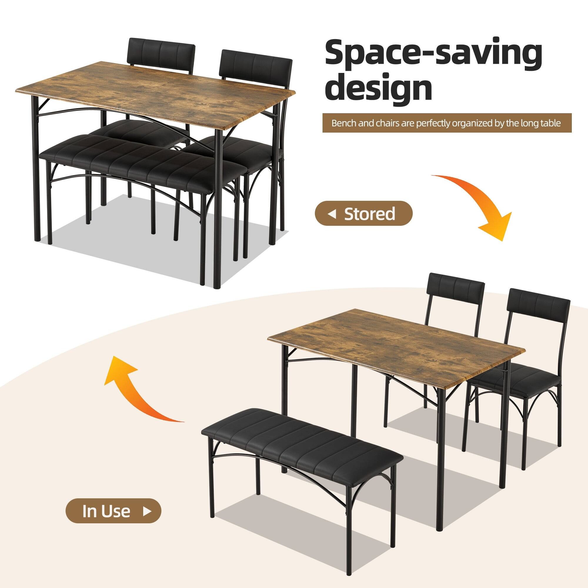 Space-saving design  
Bench and chairs are perfectly organized by the long table  

Stored  
In Use