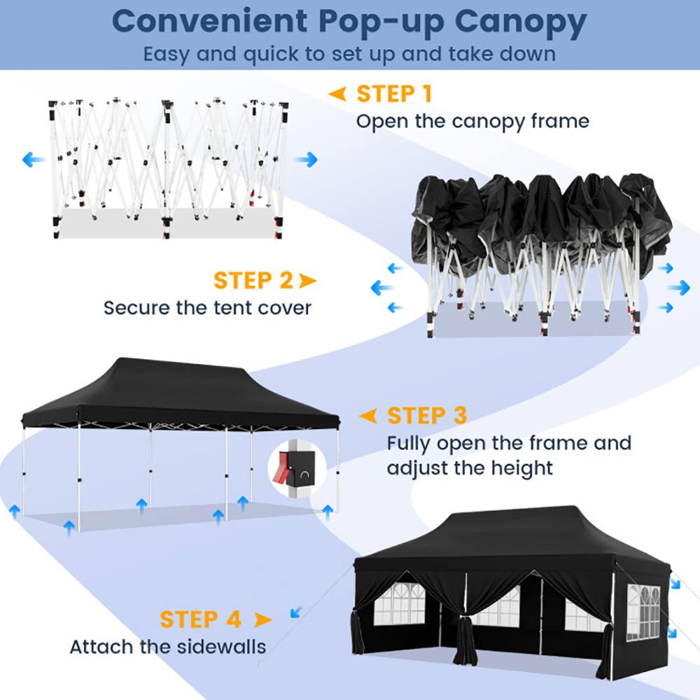 Convenient Pop-up Canopy  
Easy and quick to set up and take down  

STEP 1  
Open the canopy frame  

STEP 2  
Secure the tent cover  

STEP 3  
Fully open the frame and adjust the height  

STEP 4  
Attach the sidewalls