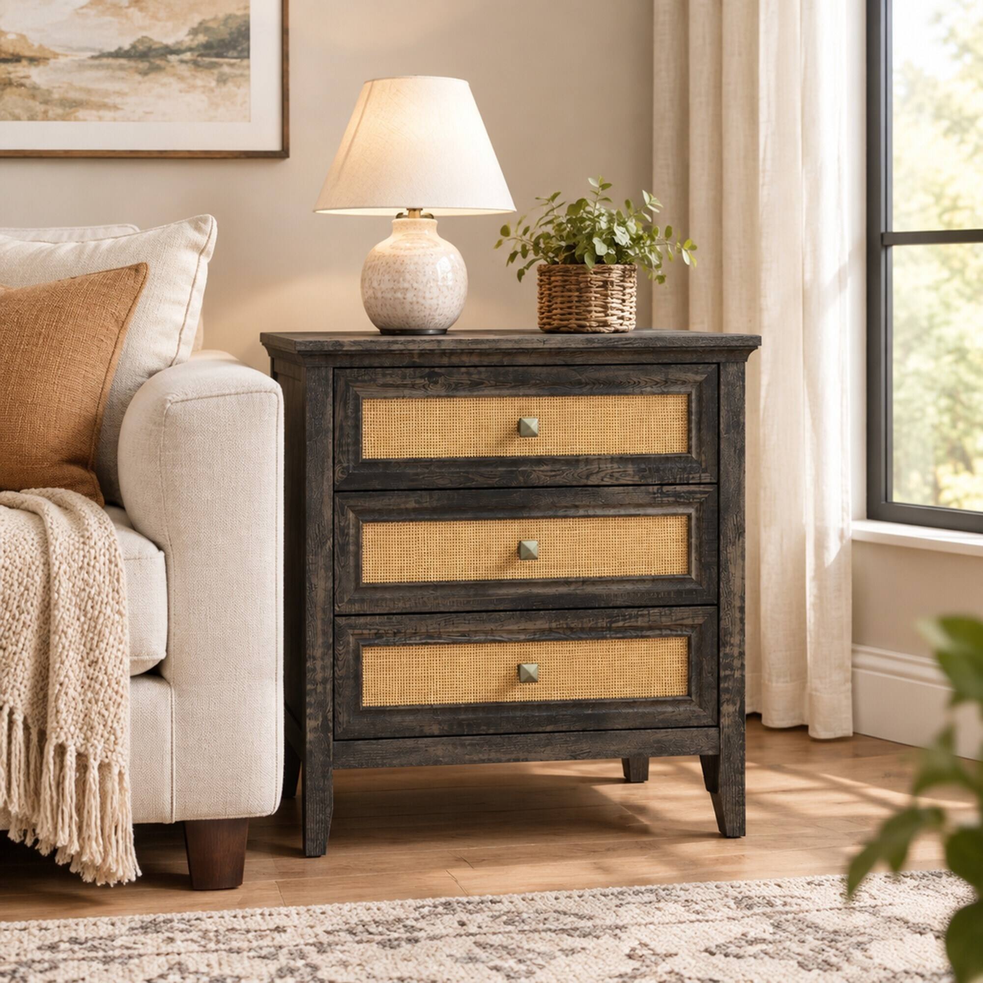 RYHNUYNE 3 Drawer Rattan Dresser, Wood Chest of Drawers, Farmhouse ...