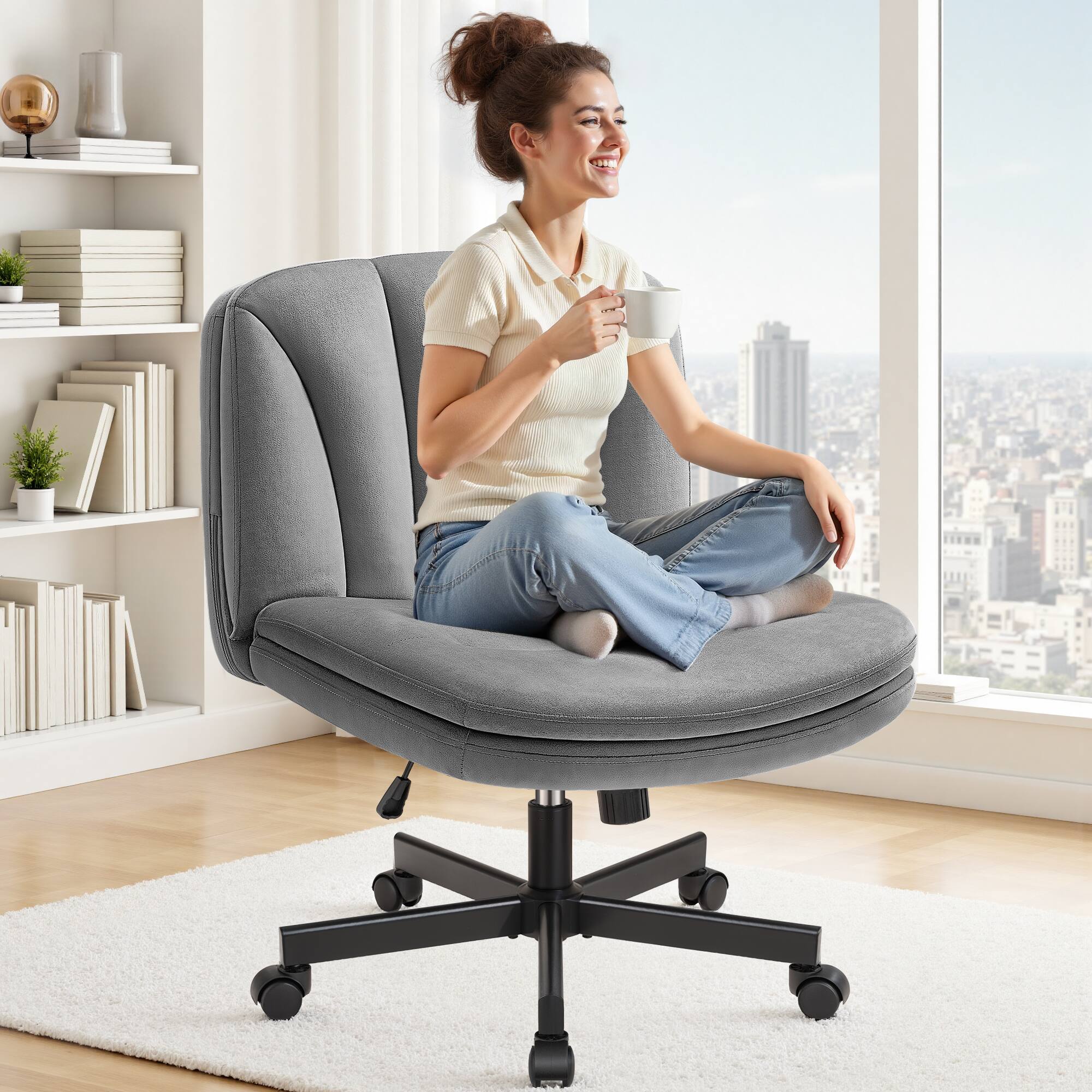 Alt View 4. KERDOM - Velvet Swivel Cross Legged Chair with Wheels, Armless Wide Vanity Chair 2 Layer Thickened Cushion, Reclining Backrest - Grey.