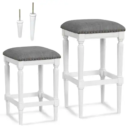 Front. Costway - 3 Heights Saddle Stool Set of 2 Square Kitchen Island Stool with Footrests - Gray & White.
