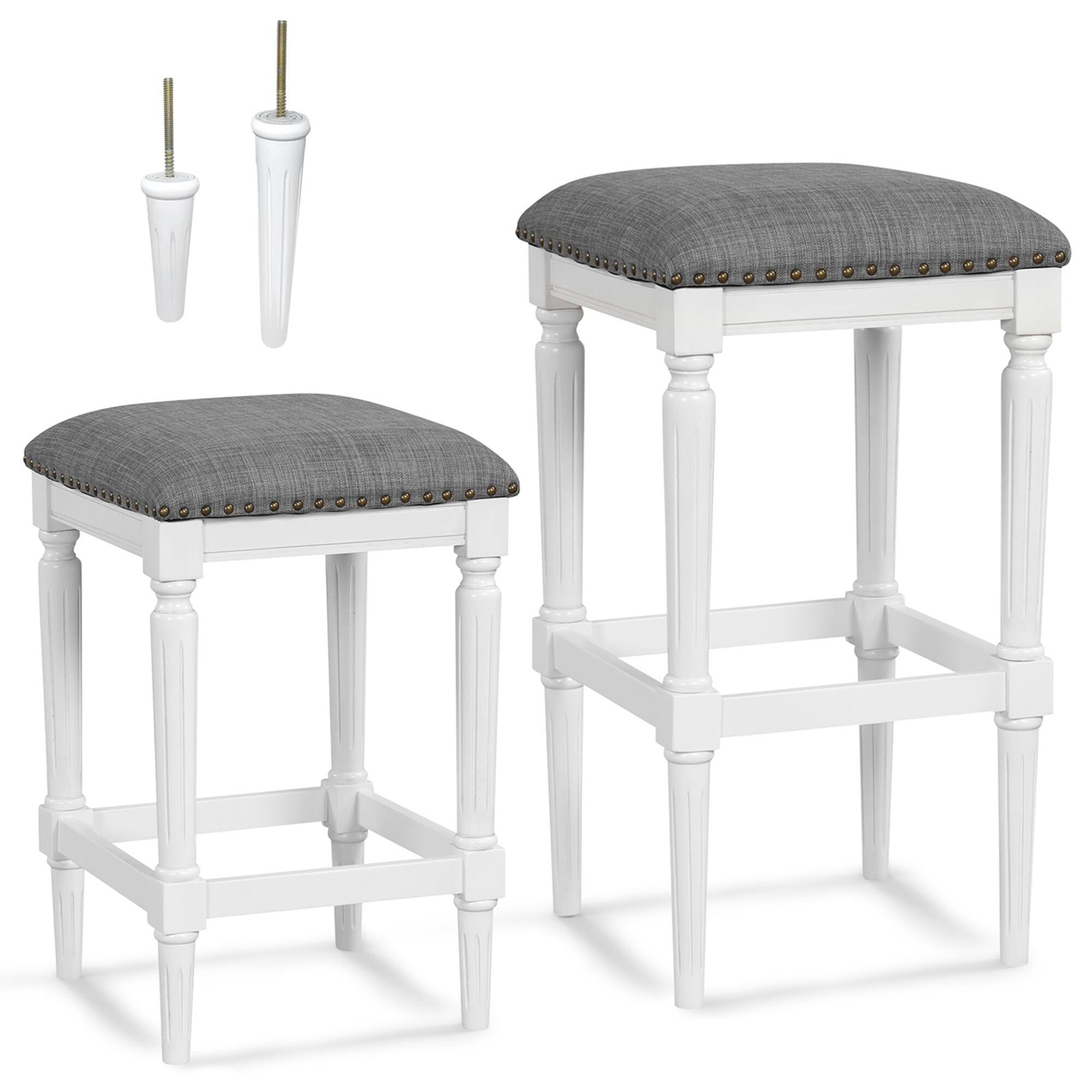Costway - 3 Heights Saddle Stool Set of 2 Square Kitchen Island Stool with Footrests - Gray & White