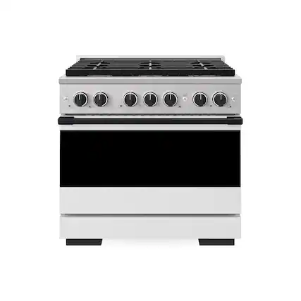 Front. ZLINE - Autograph 36 in. 5.2 cu. ft. Marino Dual Fuel Freestanding Range with 6 Gas Burner Cooktop with White & Black Accents - White Matte.