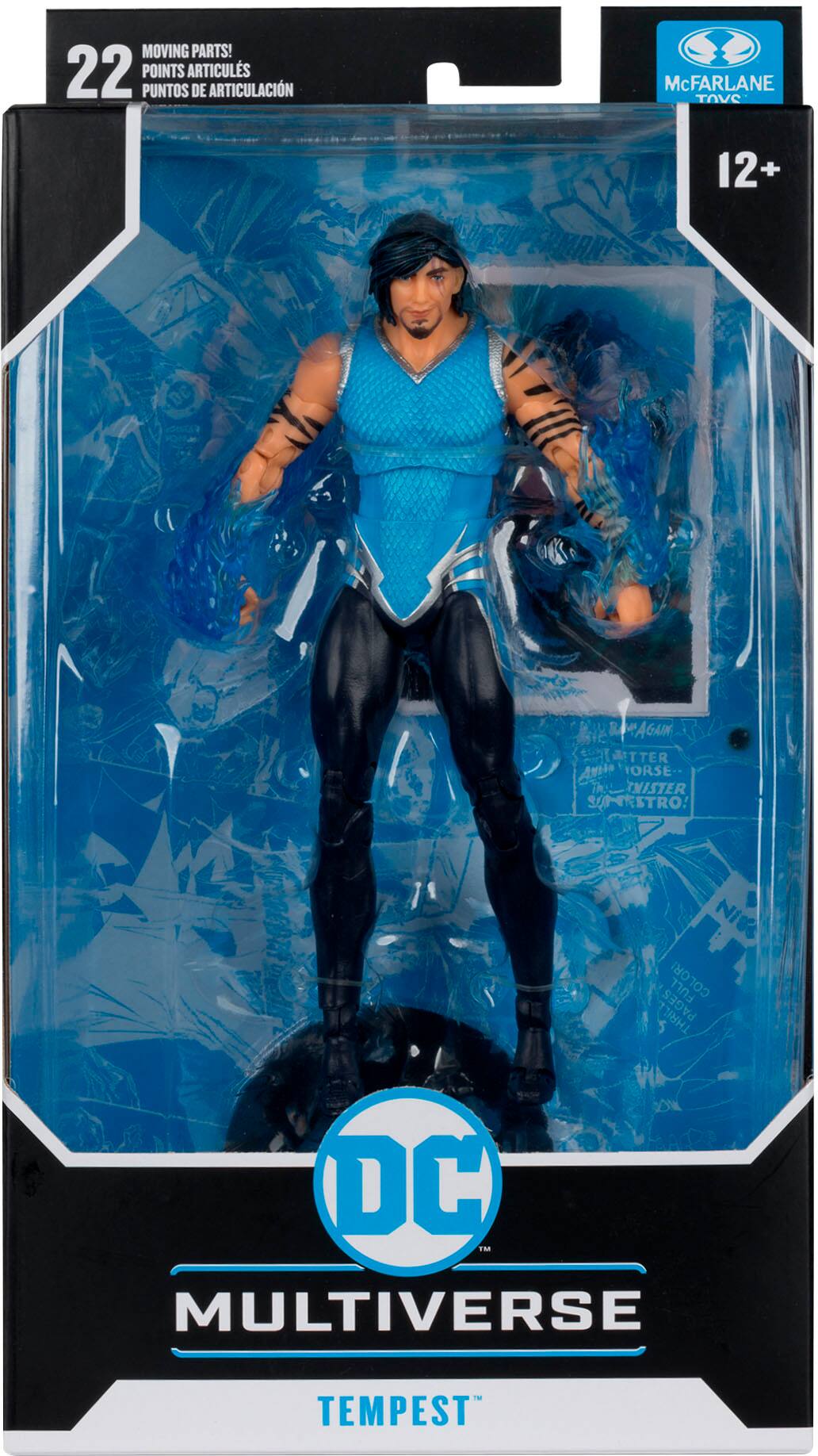 The image features a blue action figure of a man, possibly a superhero, in a plastic casing. The figure is part of the DC Multiverse line, and it is displayed in a black and white box. The figure is described as having "moving parts" and "22 points of articulation," indicating that it is a highly detailed and flexible action figure. The packaging also suggests that the figure is designed for collectors and enthusiasts, with a full-color comic book included in the package.