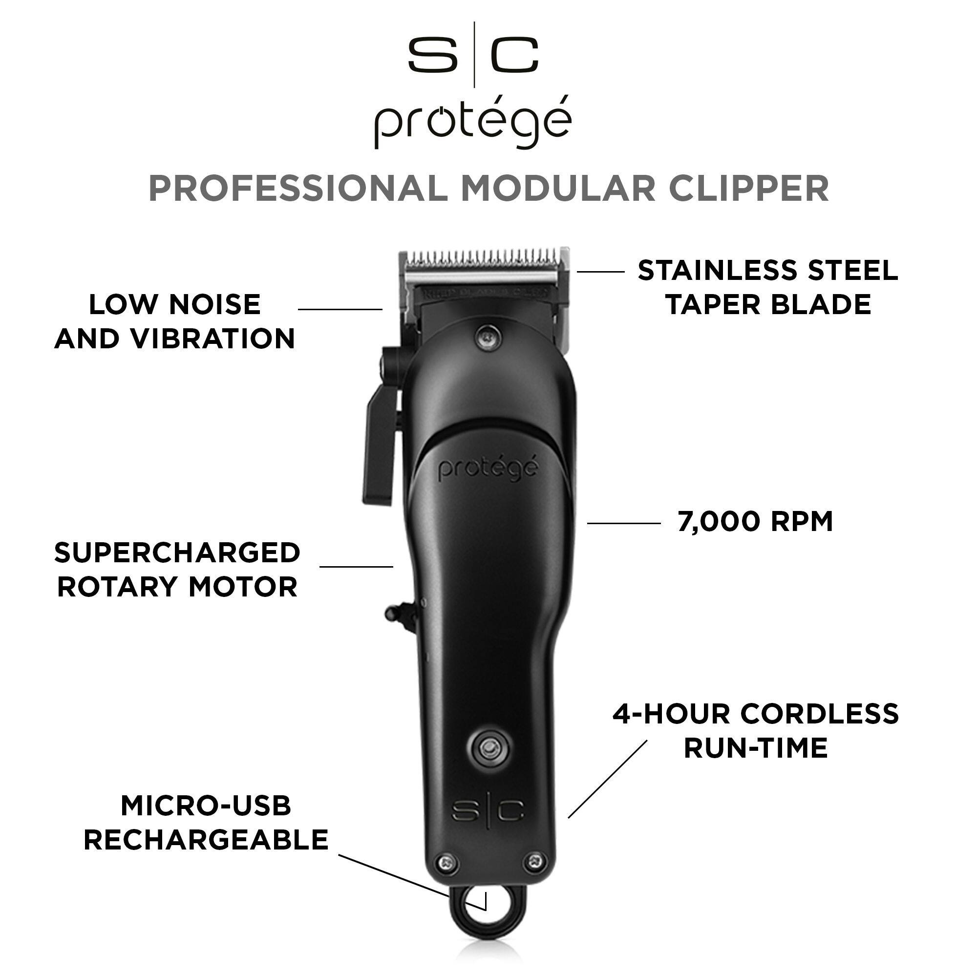 S C protégé PROFESSIONAL MODULAR CLIPPER LOW NOISE AND VIBRATION STAINLESS STEEL TAPER BLADE SUPERCHARGED ROTARY MOTOR 7,000 RPM 4-HOUR CORDLESS RUN-TIME MICRO-USB RECHARGEABLE