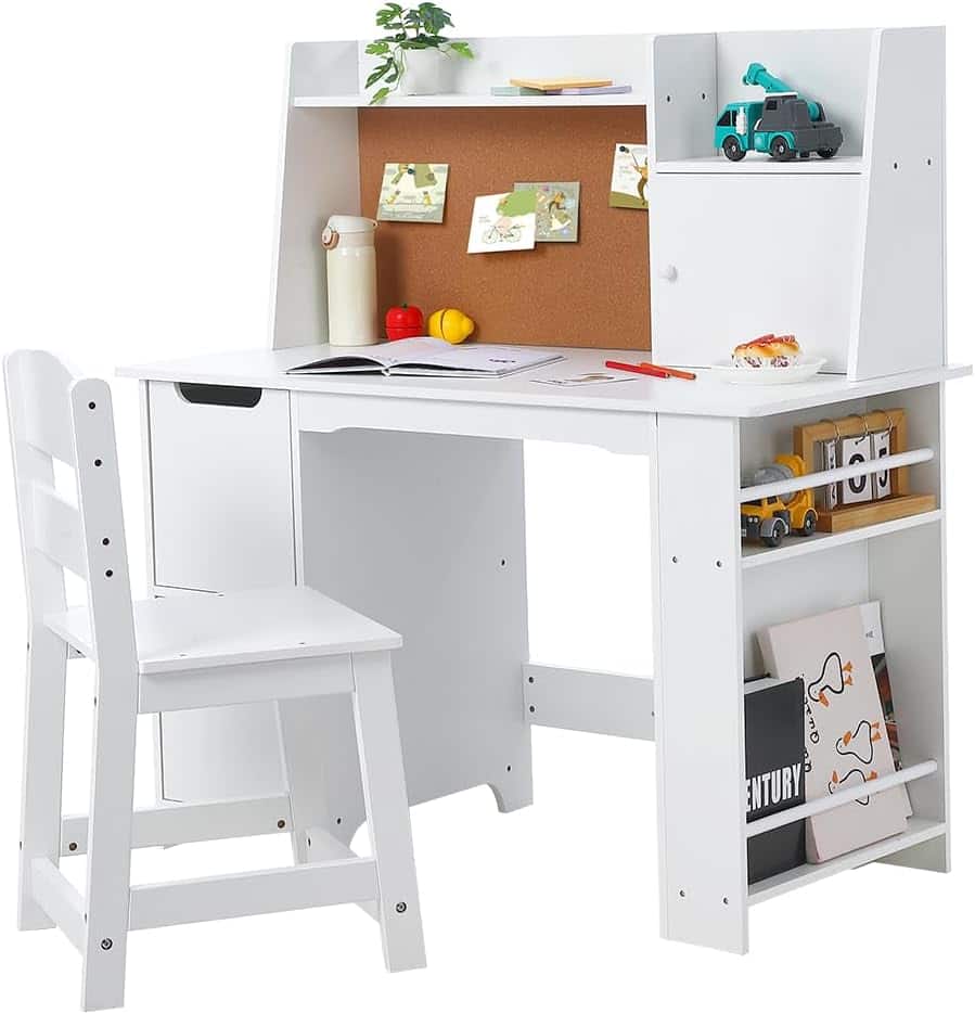GARVEE - Kids Desk and Chair Set, Wooden Study Table with Storage Shelf, Bulletin Board for Children 3-8 - White