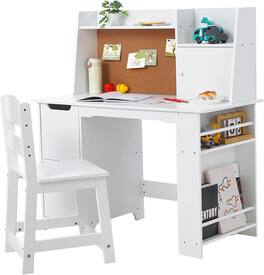 GARVEE - Kids Desk and Chair Set, Wooden Study Table with Storage Shelf, Bulletin Board for Children 3-8 - White