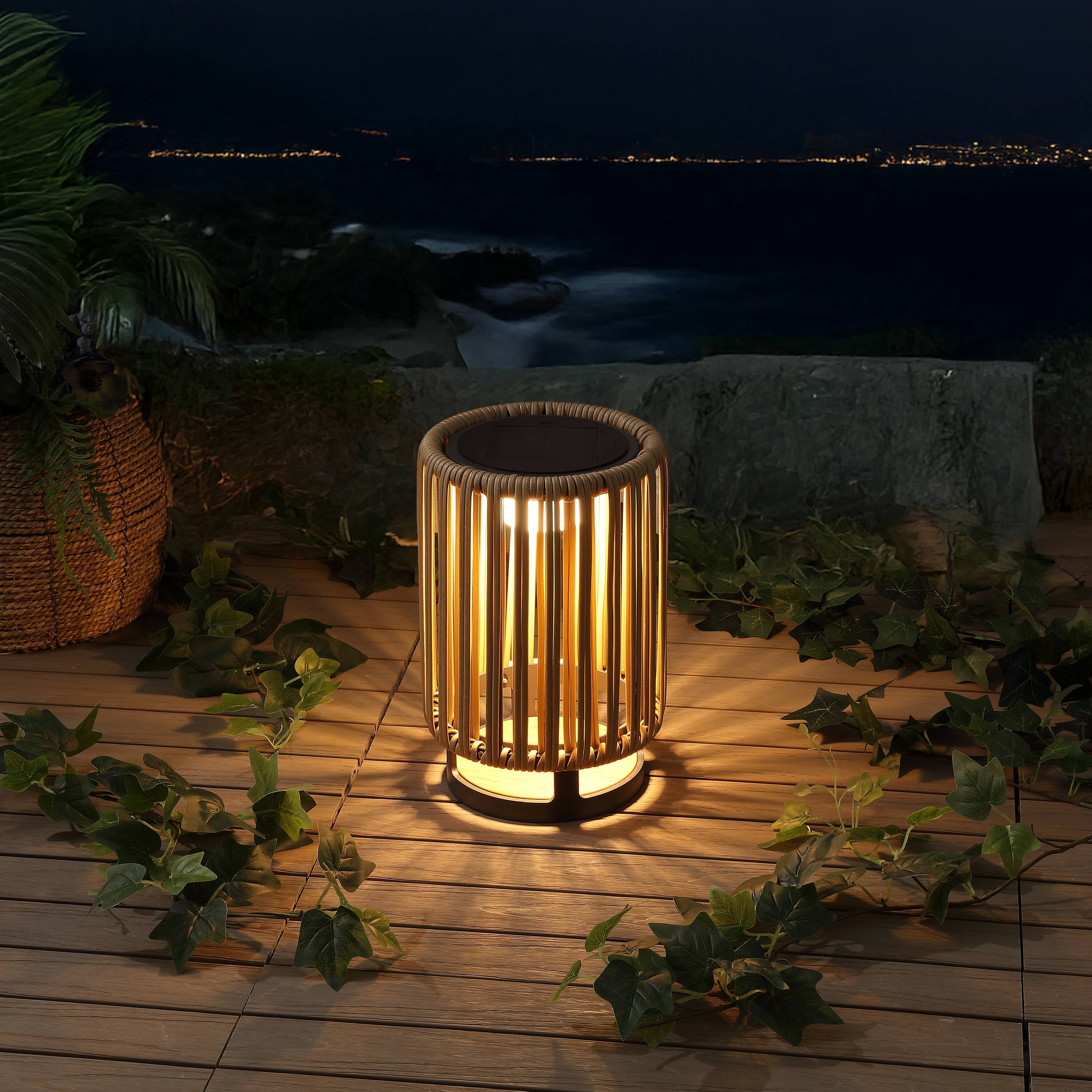 Alt View 8. Jonathan Y - Sawara 12.5" Modern Minimalist Faux Rattan Integrated Indoor/Outdoor LED Solar Powered Lantern, Natural - Natural.