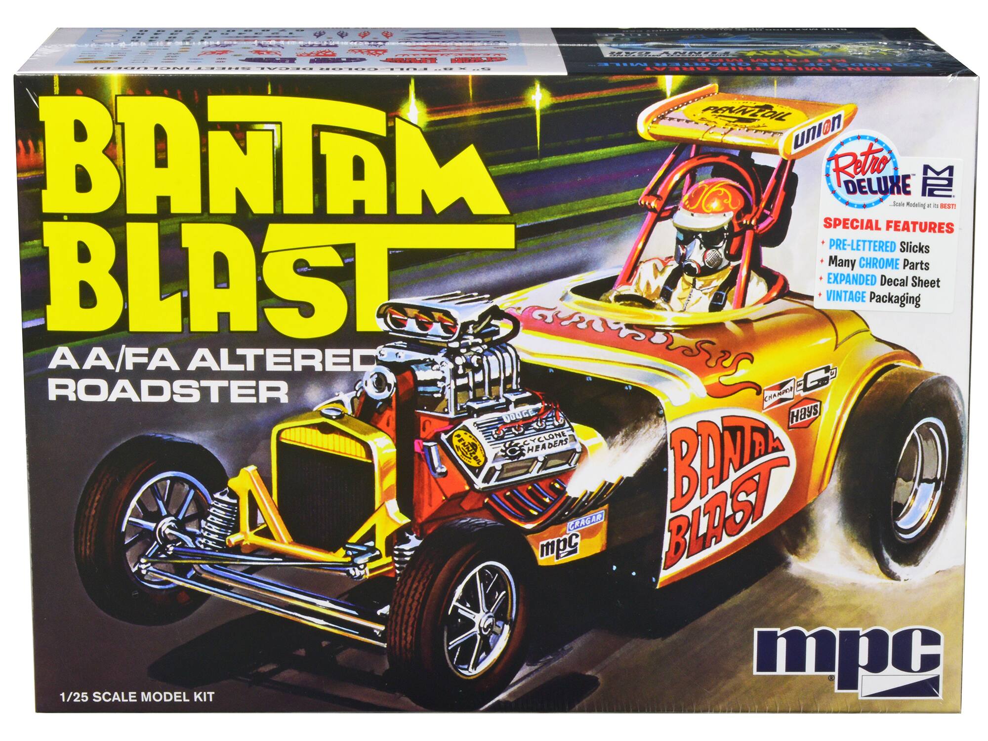 BANTAM BLAST  
AA/FA ALTERED ROADSTER  

SPECIAL FEATURES  
- PRE-LETTERED Slicks  
- Many CHROME Parts  
- EXPANDED Decal Sheet  
- VINTAGE Packaging  

1/25 SCALE MODEL KIT  

Retro DELUXE  
Scale Modeling at its BEST!  

mpc