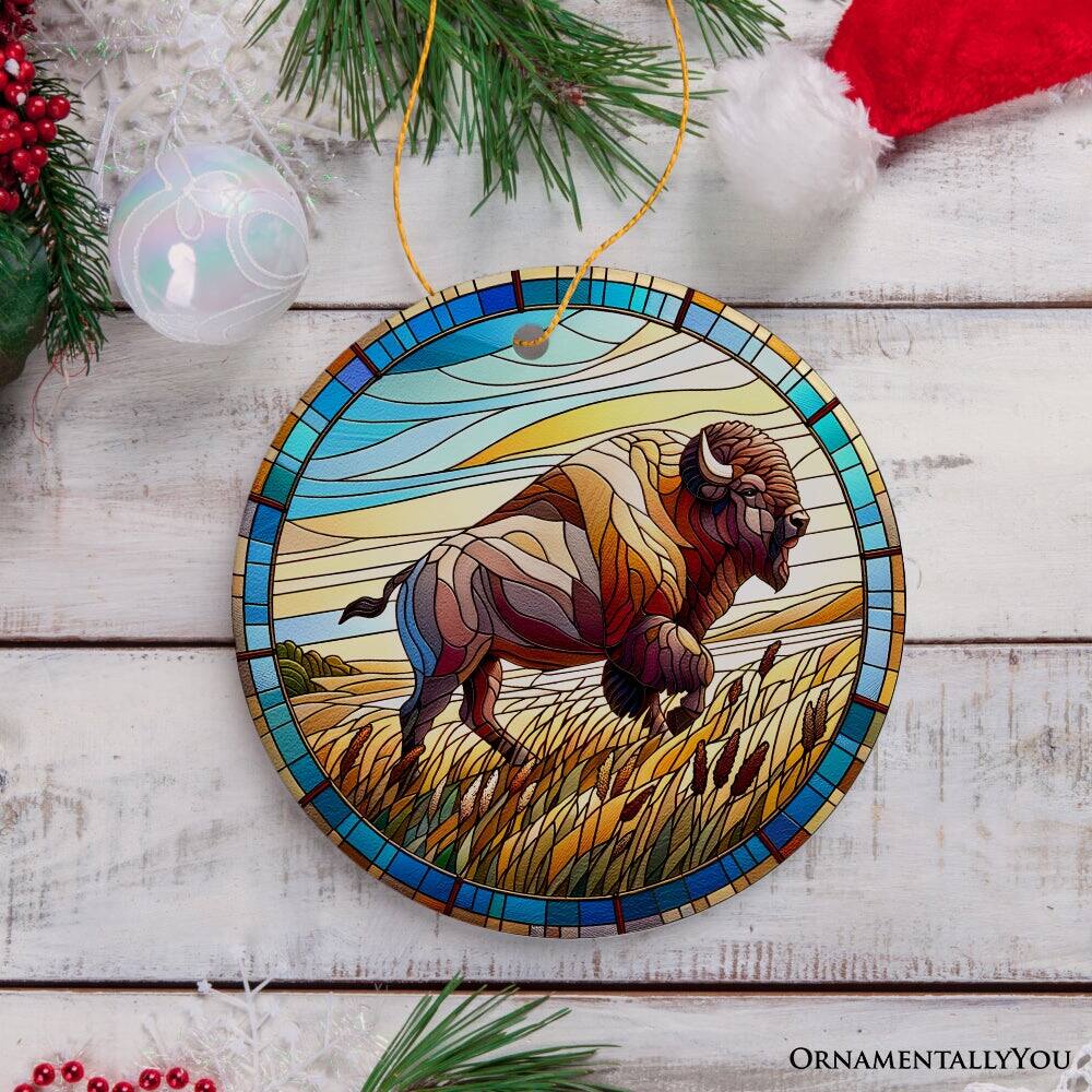 Back. OrnamentallyYou - Great Plains Bison Stained Glass Themed Ceramic Ornament Nature of the American Wild West - Multi-colored.
