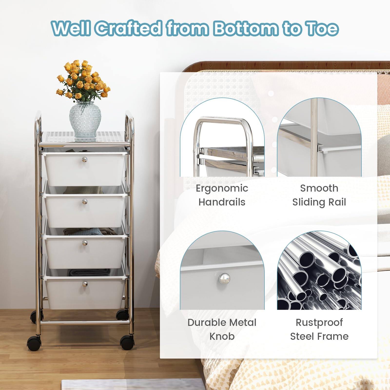 Well Crafted from Bottom to Toe  
Ergonomic Handrails  
Smooth Sliding Rail  
Durable Metal Knob  
Rustproof Steel Frame