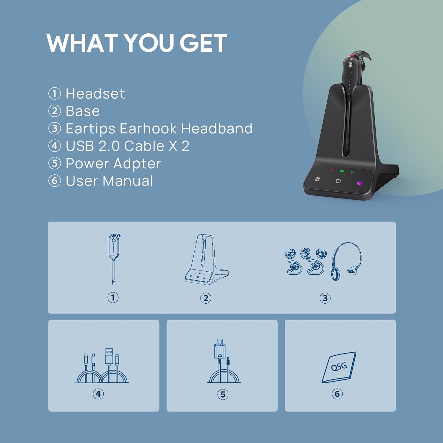 WHAT YOU GET

1. Headset  
2. Base  
3. Eartips Earhook Headband  
4. USB 2.0 Cable X 2  
5. Power Adaptor  
6. User Manual  

1  
2  
3  
4  
5  
6