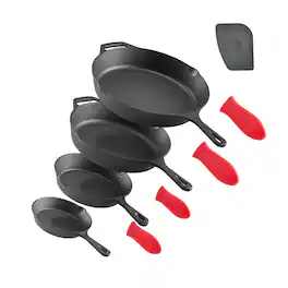 VEVOR - Cast Iron Skillet Set, 4-Piece Frying Pan Collection (6, 8, 10, 12 in), Pre-Seasoned Pans with Silicone Handles - Black