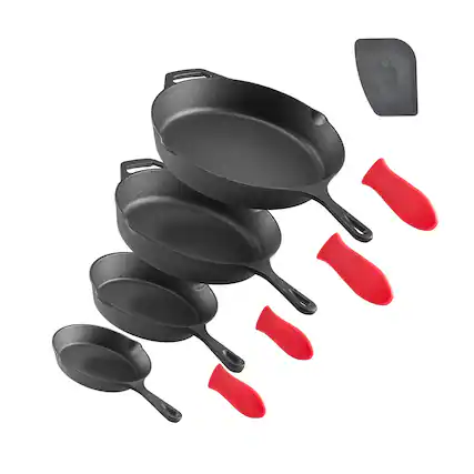 Front. VEVOR - Cast Iron Skillet Set, 4-Piece Frying Pan Collection (6, 8, 10, 12 in), Pre-Seasoned Pans with Silicone Handles - Black.