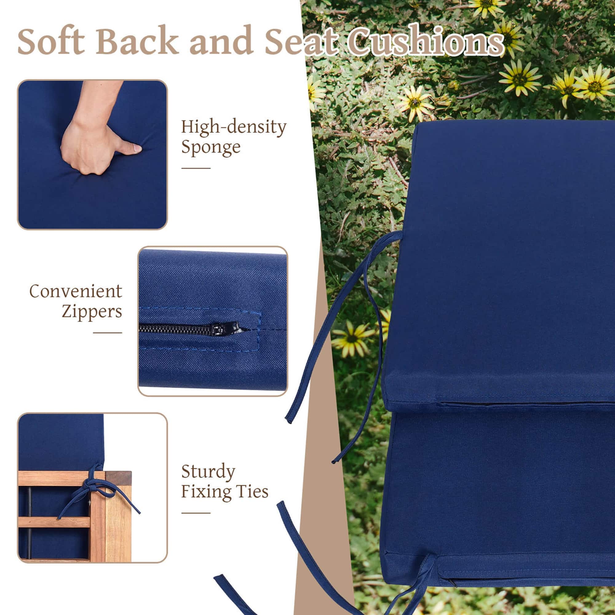 Soft Back and Seat Cushions: High-density Sponge, Convenient Zippers, Sturdy Fixing Ties