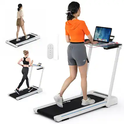 Front. Loheer - Loheer 3-in-1 Folding Treadmill 2.25HP Under Desk Running Machine with Table Bluetooth Speaker Remote White - White.