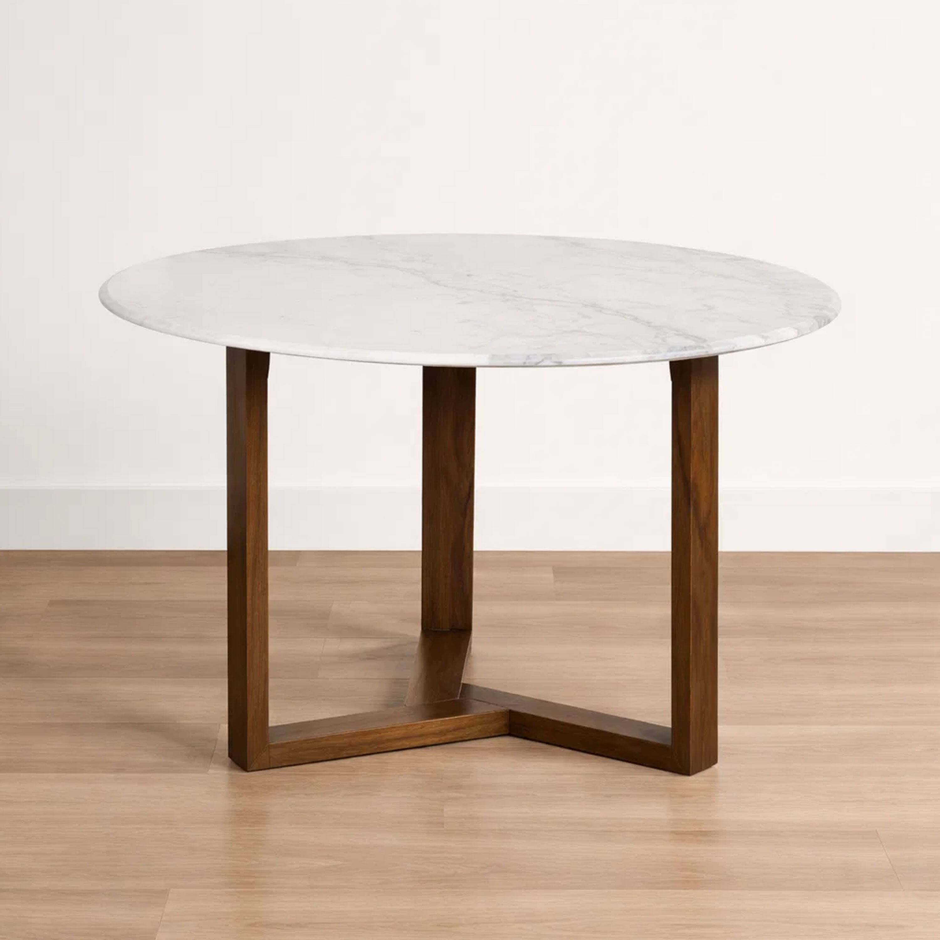 Alt View 4. Manhattan Lane - Fina 48 Inch Round Dining Table, White Genuine Marble Top, Natural Brown Mango Wood 3 Leg Sled Base - White, Natural Brown.