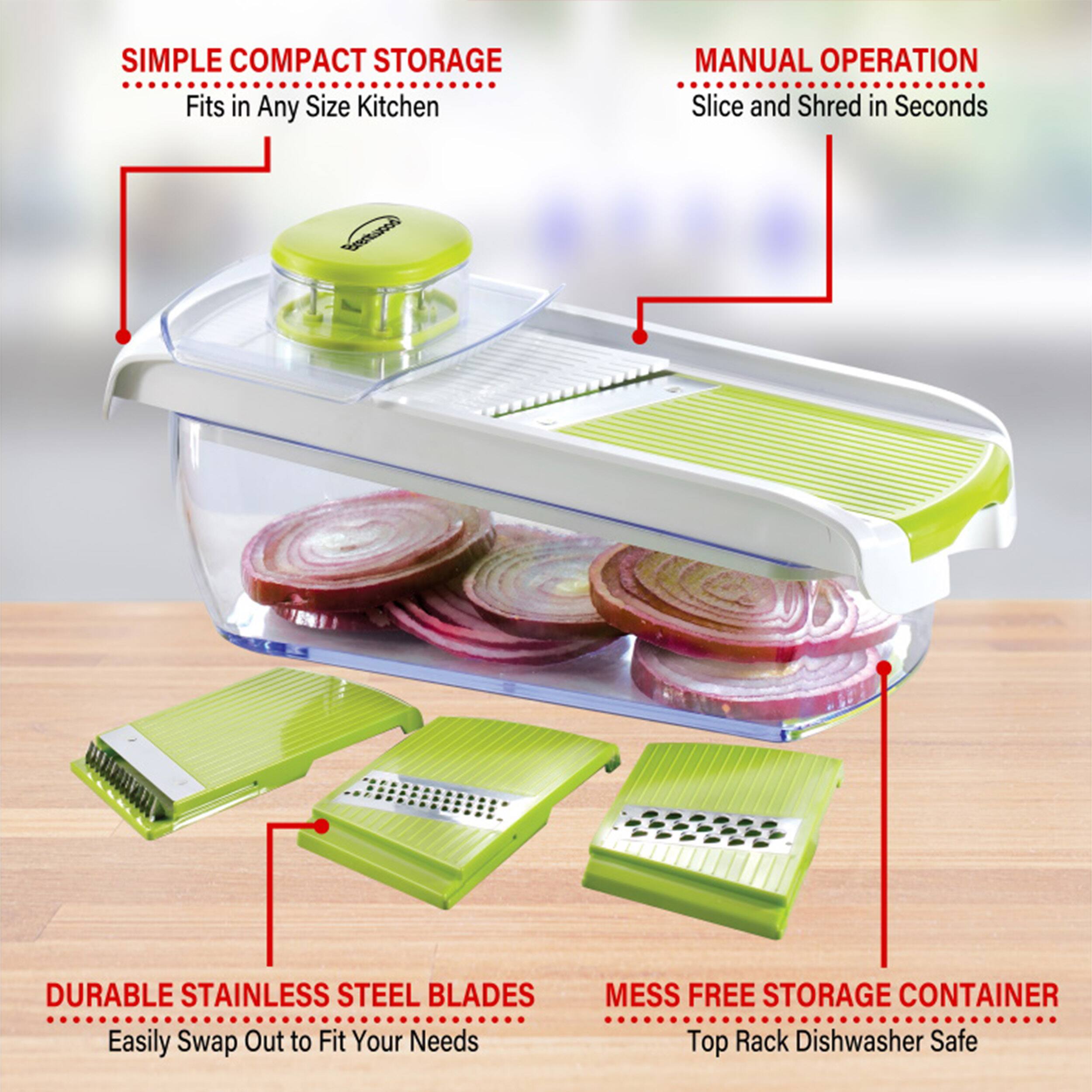 SIMPLE COMPACT STORAGE Fits in Any Size Kitchen
MANUAL OPERATION Slice and Shred in Seconds
DURABLE STAINLESS STEEL BLADES Easily Swap Out to Fit Your Needs
MESS FREE STORAGE CONTAINER Top Rack Dishwasher Safe