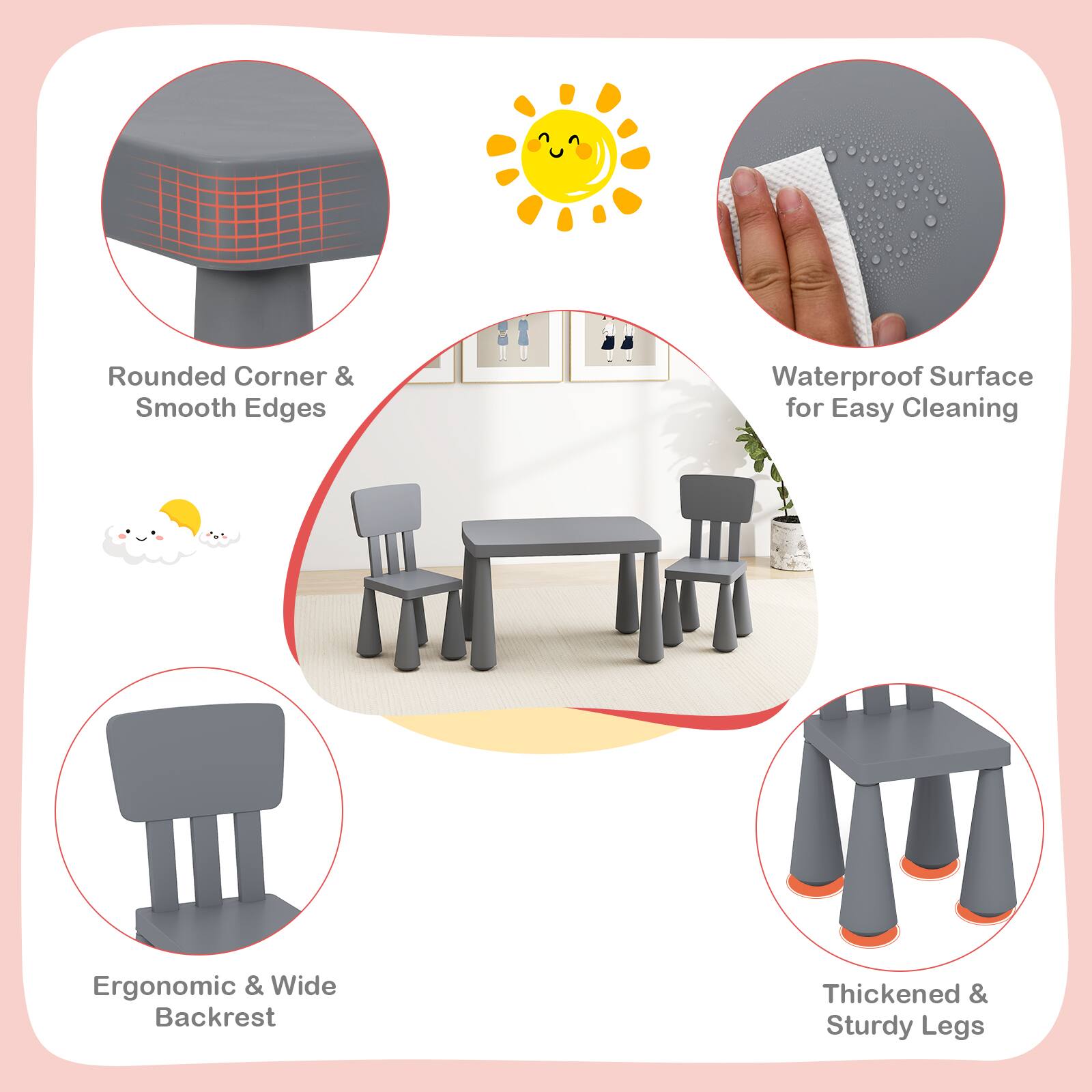 - Rounded Corner & Smooth Edges
- Waterproof Surface for Easy Cleaning
- Ergonomic & Wide Backrest
- Thickened & Sturdy Legs