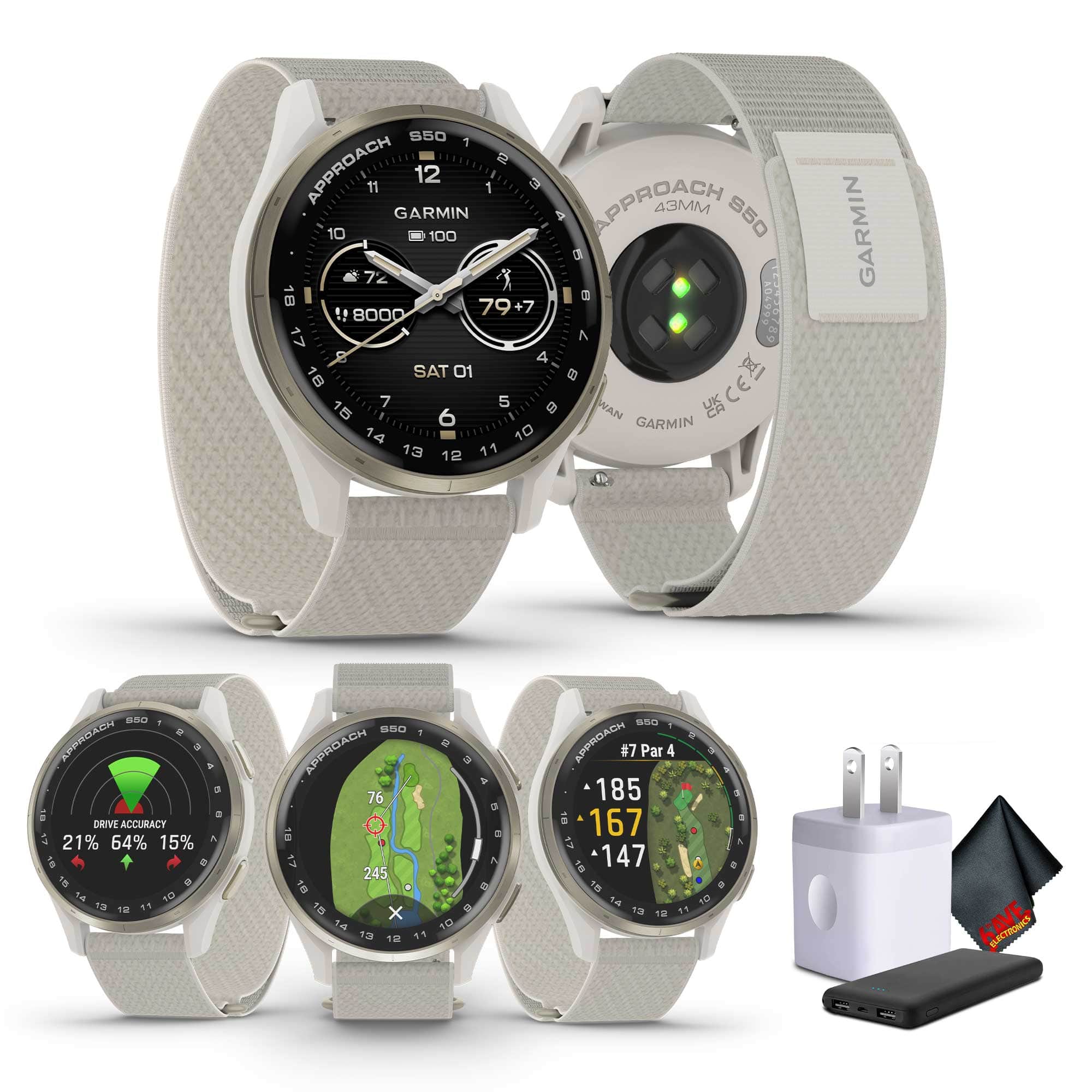 Garmin - Approach S50, Cream Gold/Ivory Nylon GPS Golf Smartwatch Bundle - Cream - (2025)