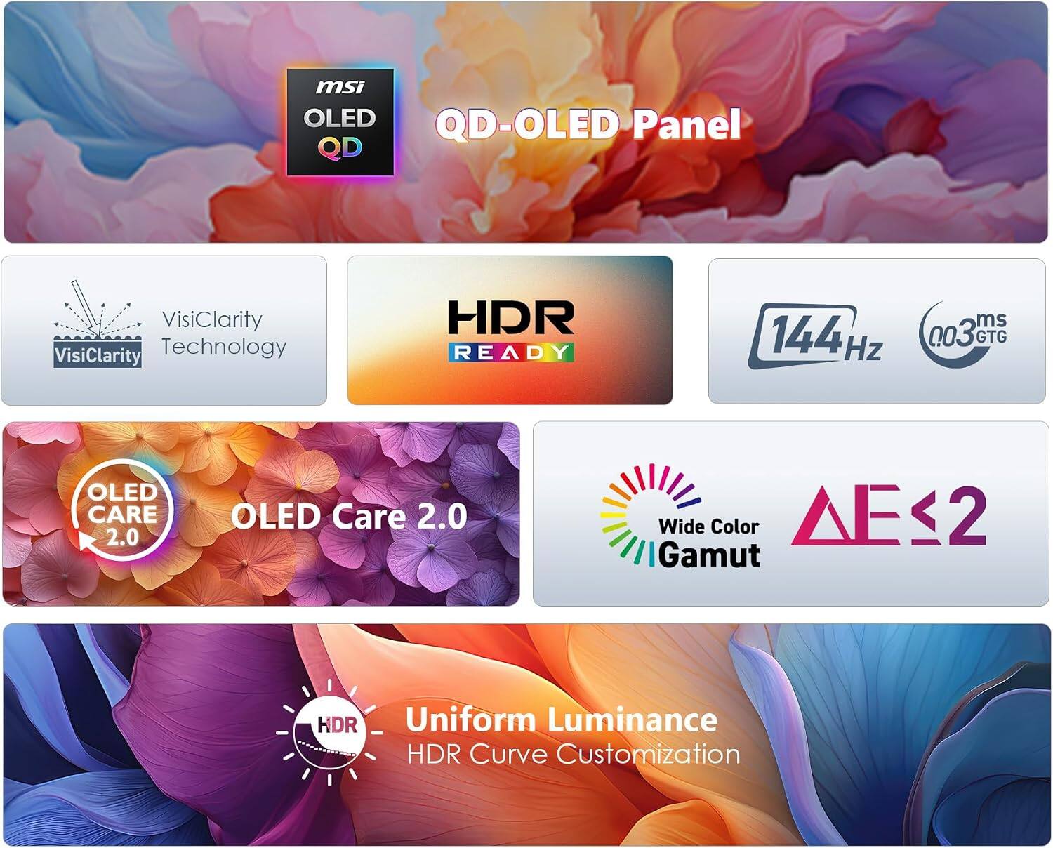 msi OLED QD-OLED Panel QD

VisiClarity Technology

HDR READY

144 Hz

ms 0.3 GTG

OLED Care 2.0

Wide Color Gamut

Uniform Luminance HDR Curve Customization