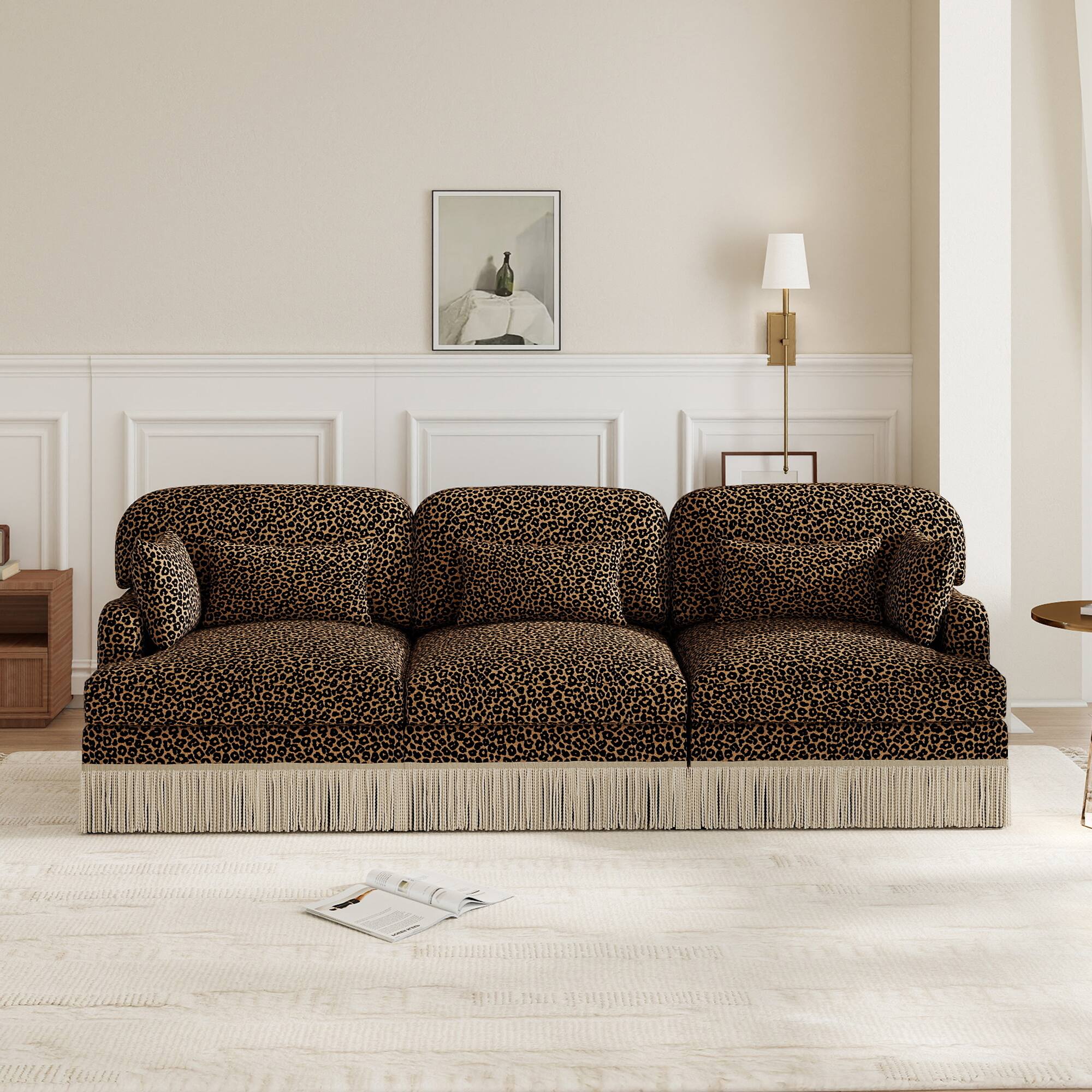 Left. Anysun - 100" Chenille Leopard Print 3-Seater Sofa with Tassel Edge, Modular Sectional Couch, Ergonomic Deep Seat for Living Room - Brown.