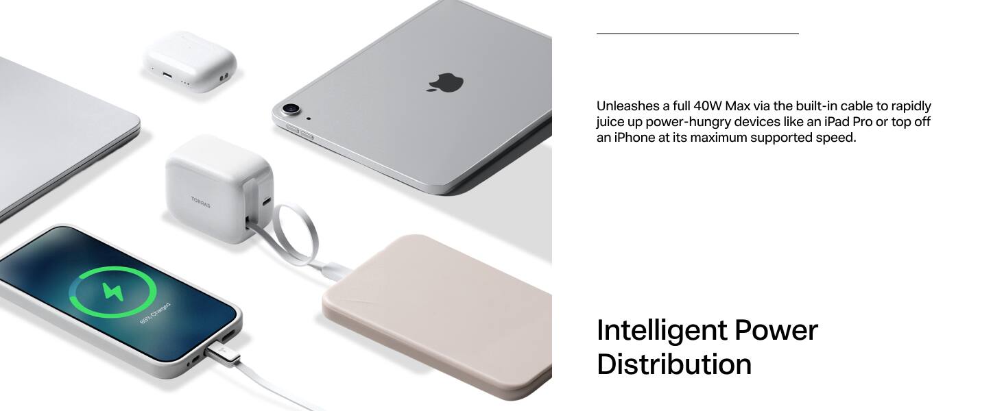 Unleashes a full 40W Max via the built-in cable to rapidly juice up power-hungry devices like an iPad Pro or top off an iPhone at its maximum supported speed.

TORRAS

4 85% Charged

Intelligent Power Distribution