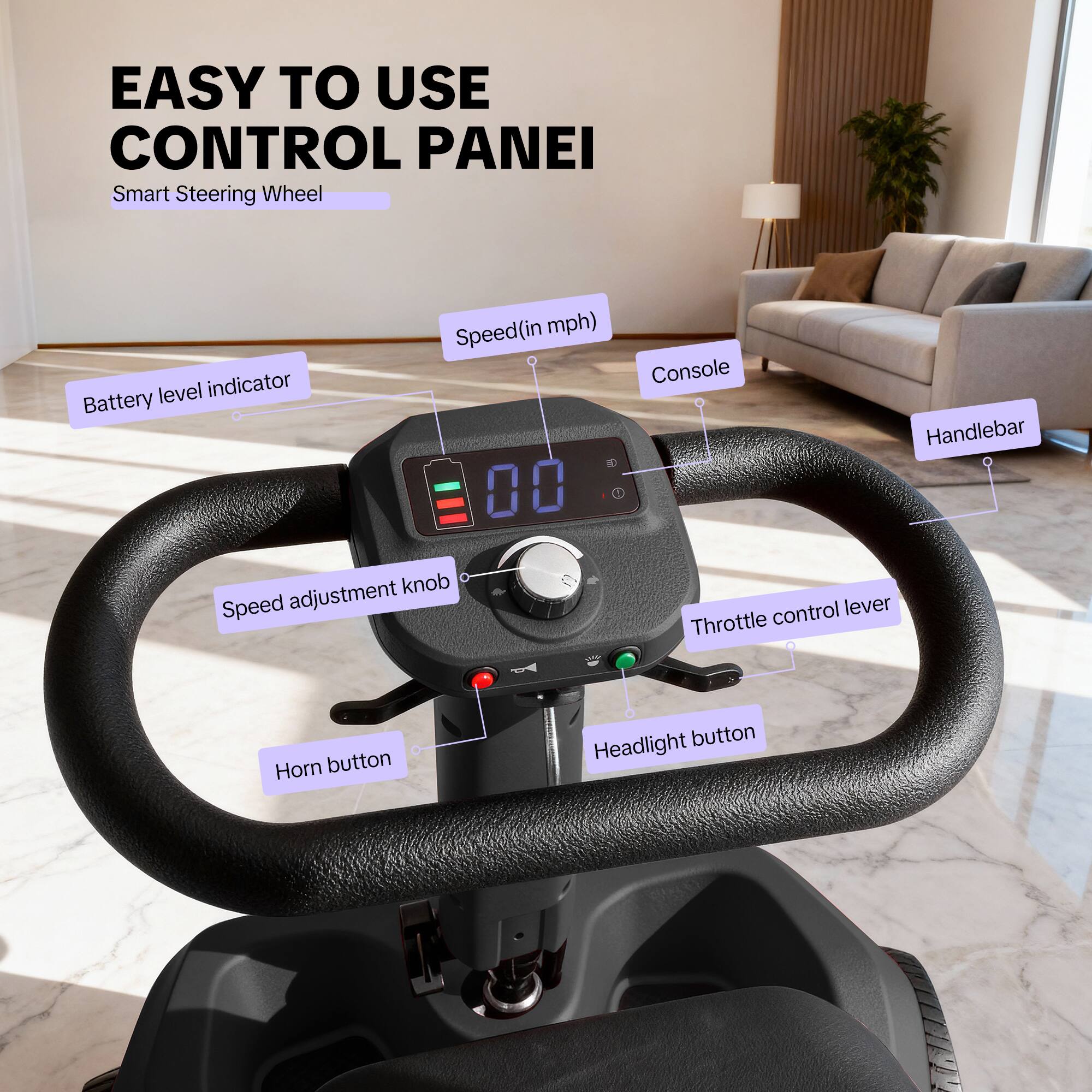 EASY TO USE CONTROL PANEL  
Smart Steering Wheel

- Battery level indicator
- Speed (in mph)
- Console
- Handlebar
- Speed adjustment knob
- Throttle control lever
- Horn button
- Headlight button