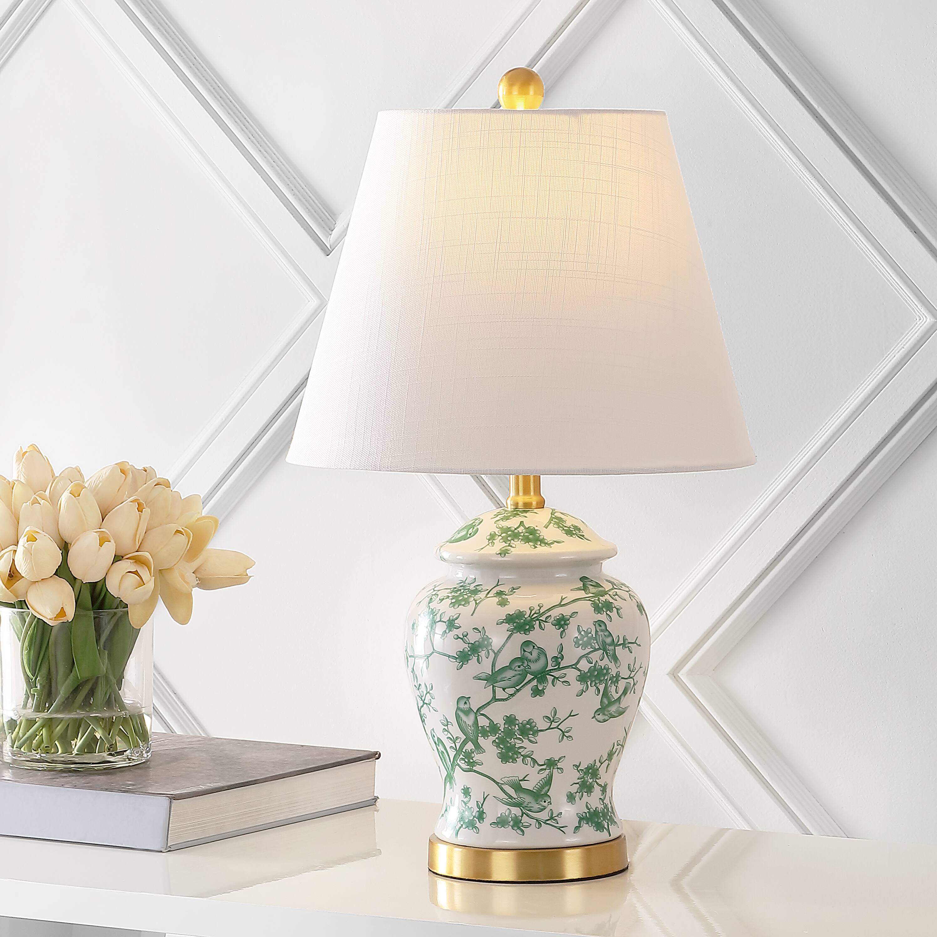 Alt View 1. Jonathan Y - Penelope 22" French Country Cottage Ceramic/Iron Chinoiserie Ginger Jar LED Table Lamp, White/Green - White/Green.