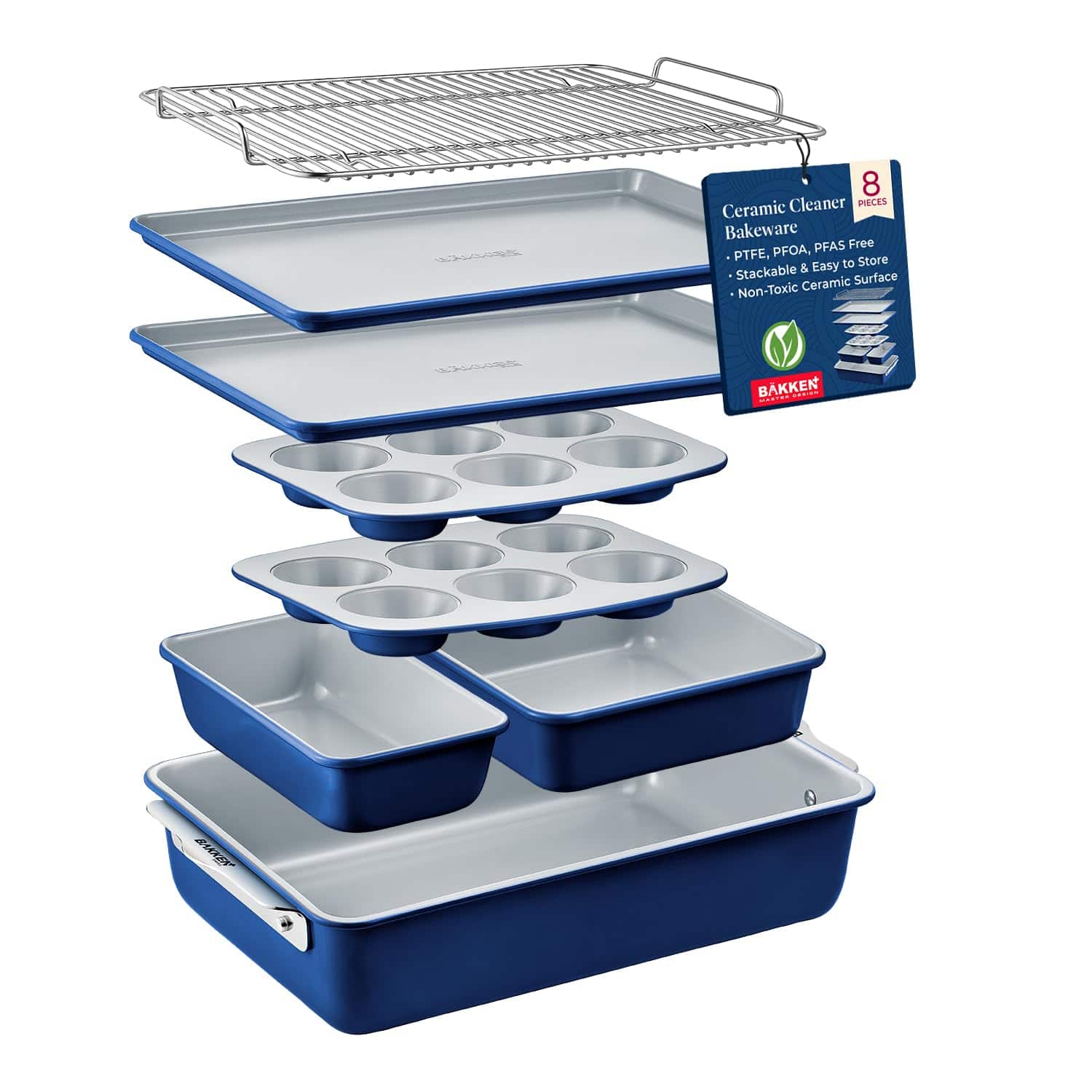 Bakken- Swiss - Bakken 8-Piece Bakeware Set – Non-Toxic Ceramic, PTFE/PFOA Free, Stackable, Oven Safe, Rack, Easy-Grip Handles - Blue