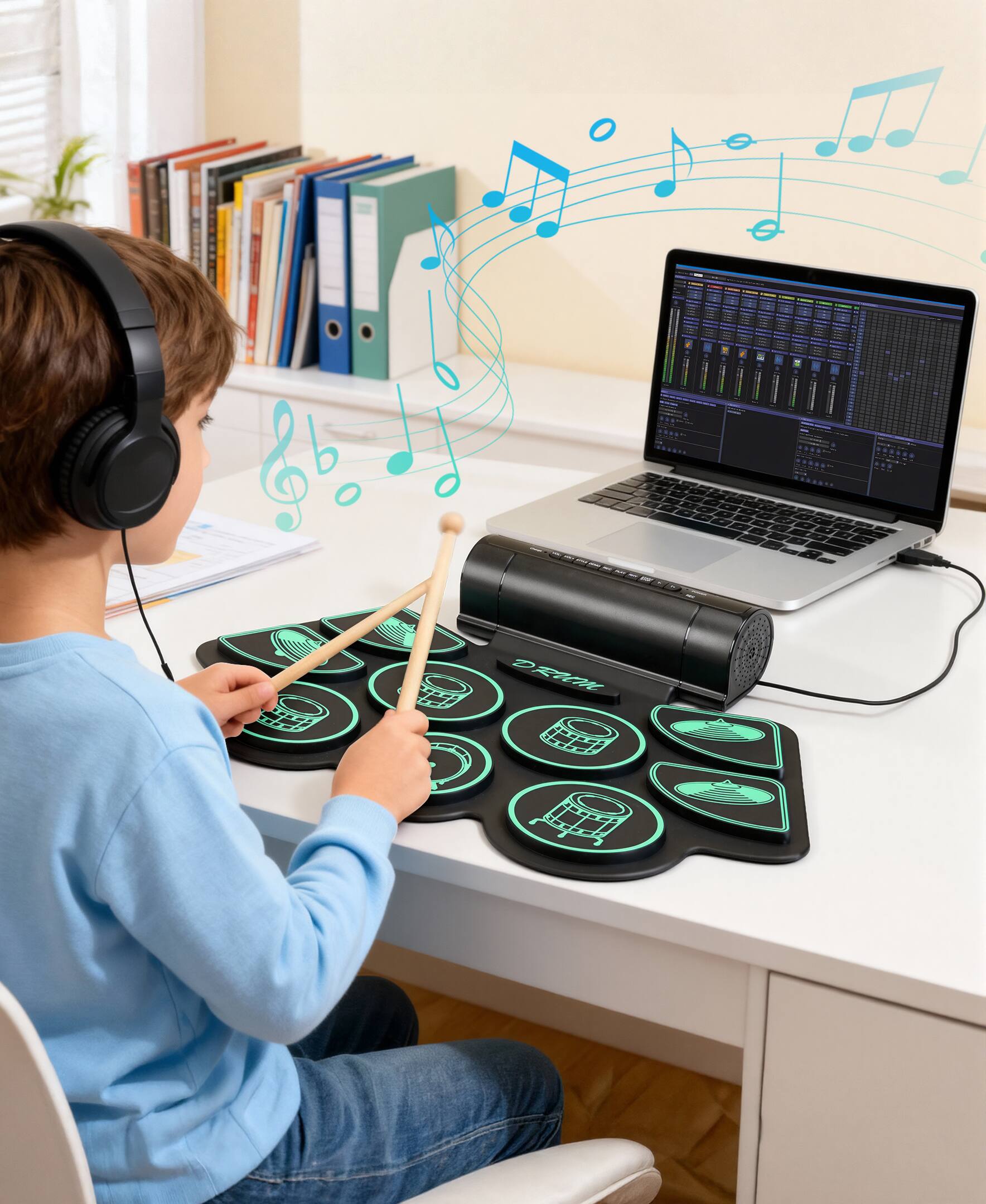 Alt View 6. Sugift - Kids Roll-Up Electronic Drum Set with Speakers, Headphone Jack & Foot Pedals - Green - Green.