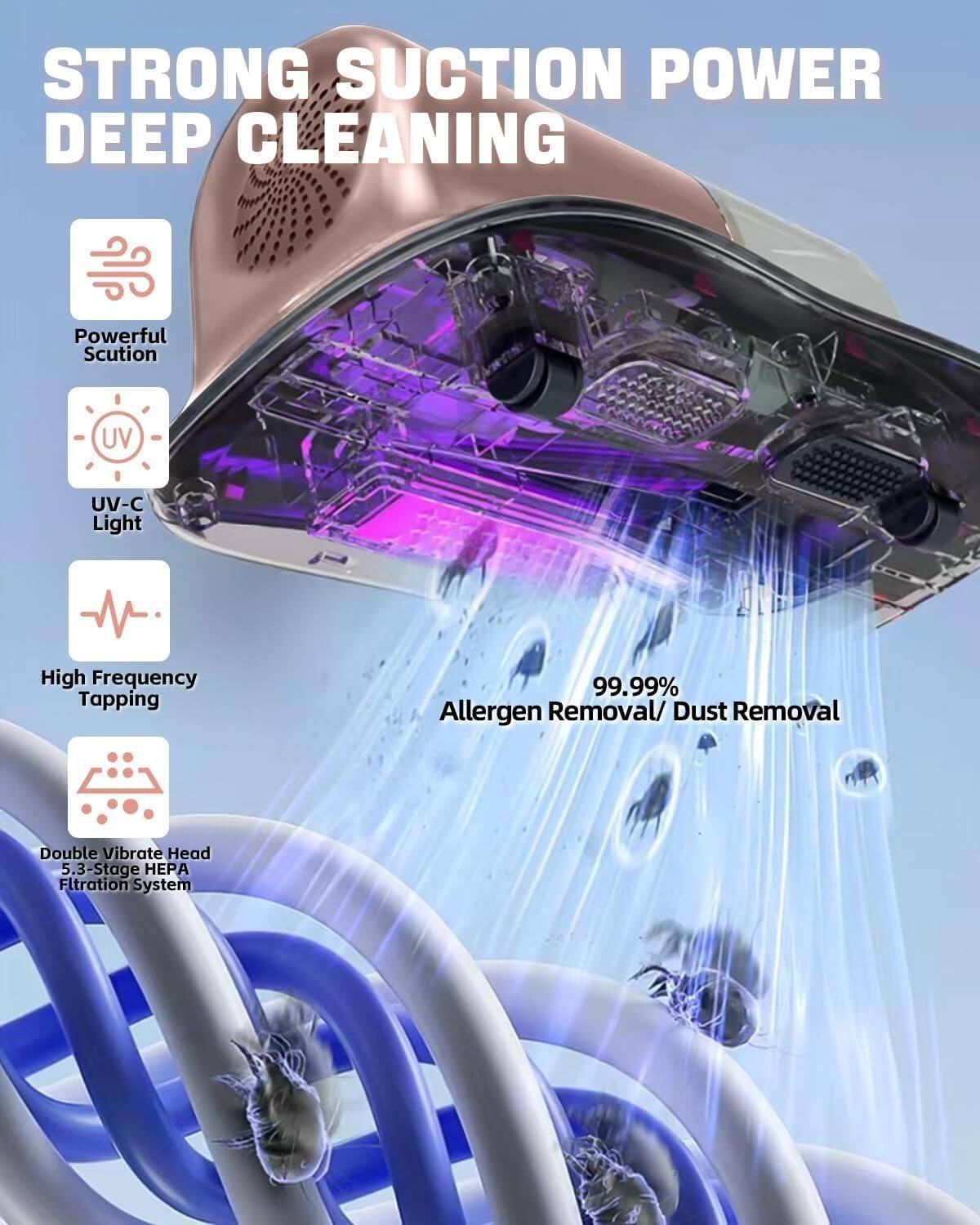 STRONG SUCTION POWER DEEP CLEANING  
Powerful Suction  
UV-C Light  
High Frequency Tapping  
99.99% Allergen Removal/ Dust Removal  
Double Vibrate Head  
5.3-Stage HEPA Filtration System