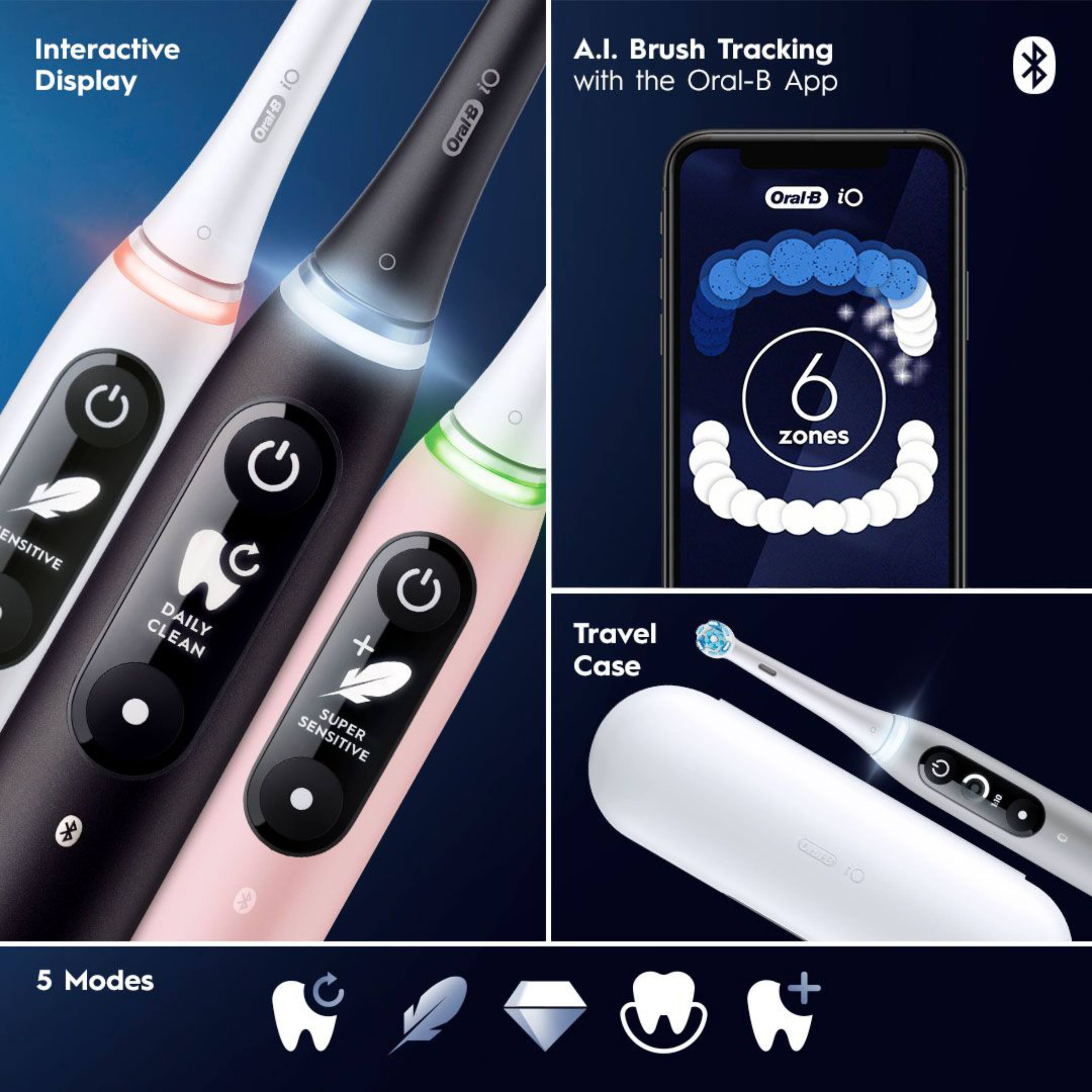 Interactive Display  
A.I. Brush Tracking with the Oral-B App  
Oral-B iO 6 zones  
5 Modes  
Travel Case