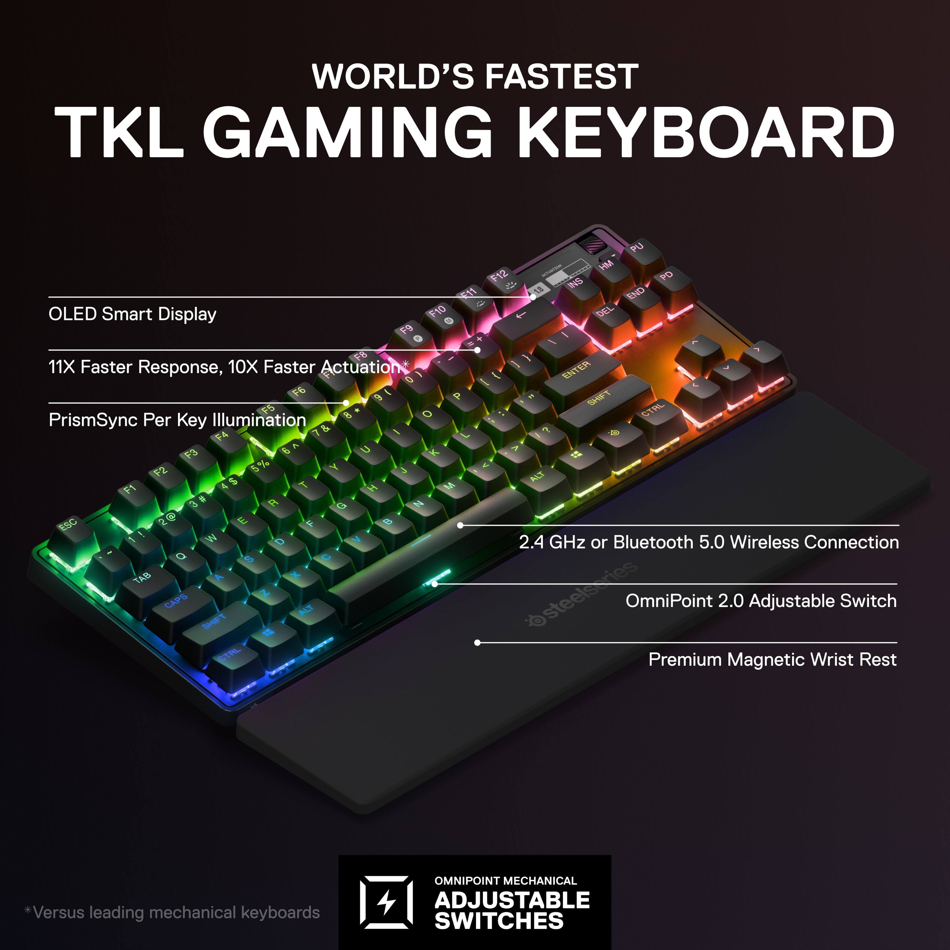 WORLD'S FASTEST TKL GAMING KEYBOARD
P - MM F12 P O i 1 INS J DO OLED Smart Display F10 f DEL O P - 11X Faster Response, 10X Faster Actuation ENTER - F6 5 aL - SY . TS B O CTAL PrismSync Per Key Illumination 1 & 1 a L i U - 13 6 K V 5 % Y 4 e 12 N3 a $ T M 1 H 3 I 1 14  2 $ E F  ESC W a 2.4 GHz or Bluetooth 5.0 Wireless Connection TAB CAPS ST N osteelsyies OmniPoint 2.0 Adjustable Switch Premium Magnetic Wrist Rest Versus leading mechanical keyboards OMNIPOINT MECHANICAL ADJUSTABLE SWITCHES