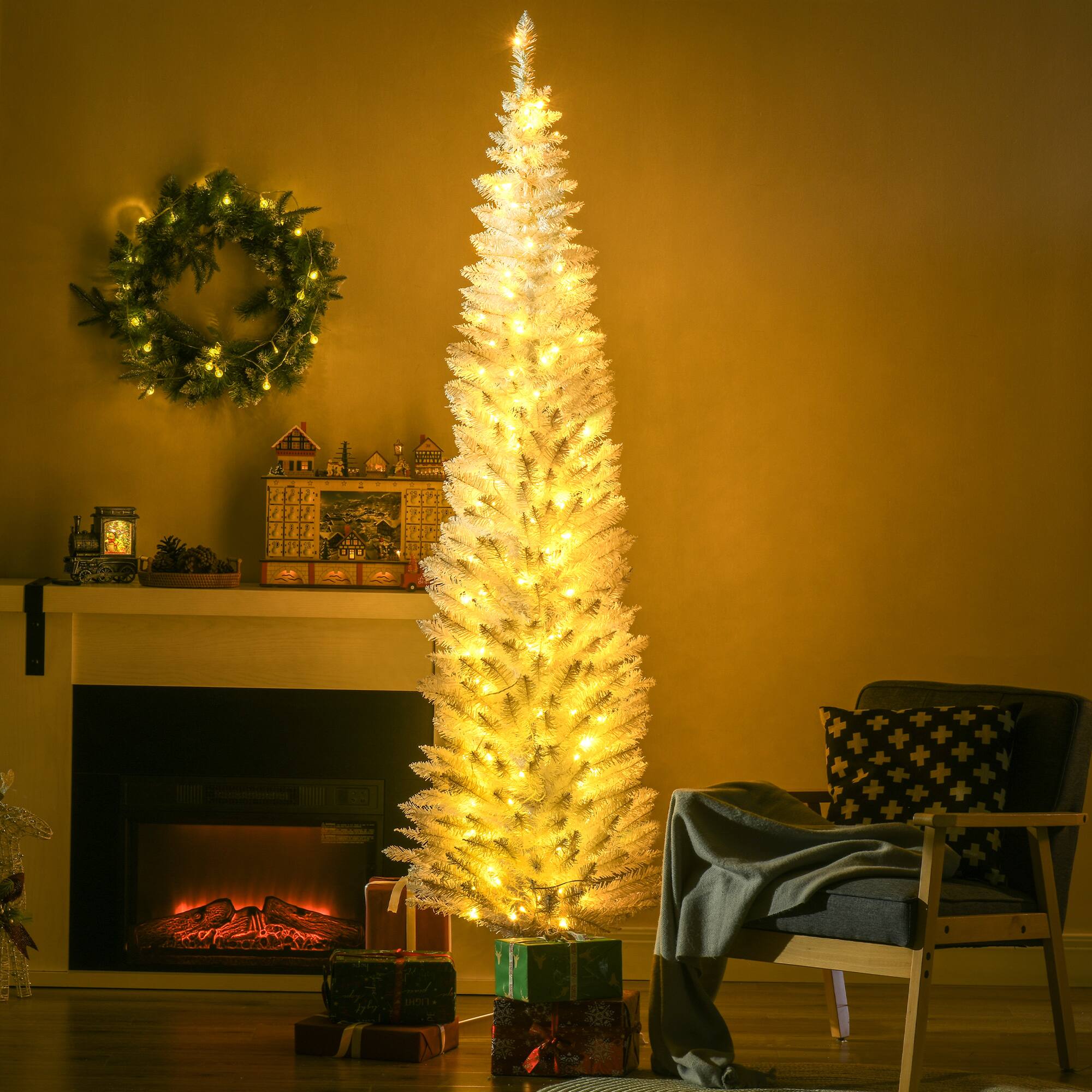 Alt View 1. Homcom - Pre-Lit Slim Noble Fir Artificial Christmas Tree, 200 Warm White LEDs, 499 Tips - white.