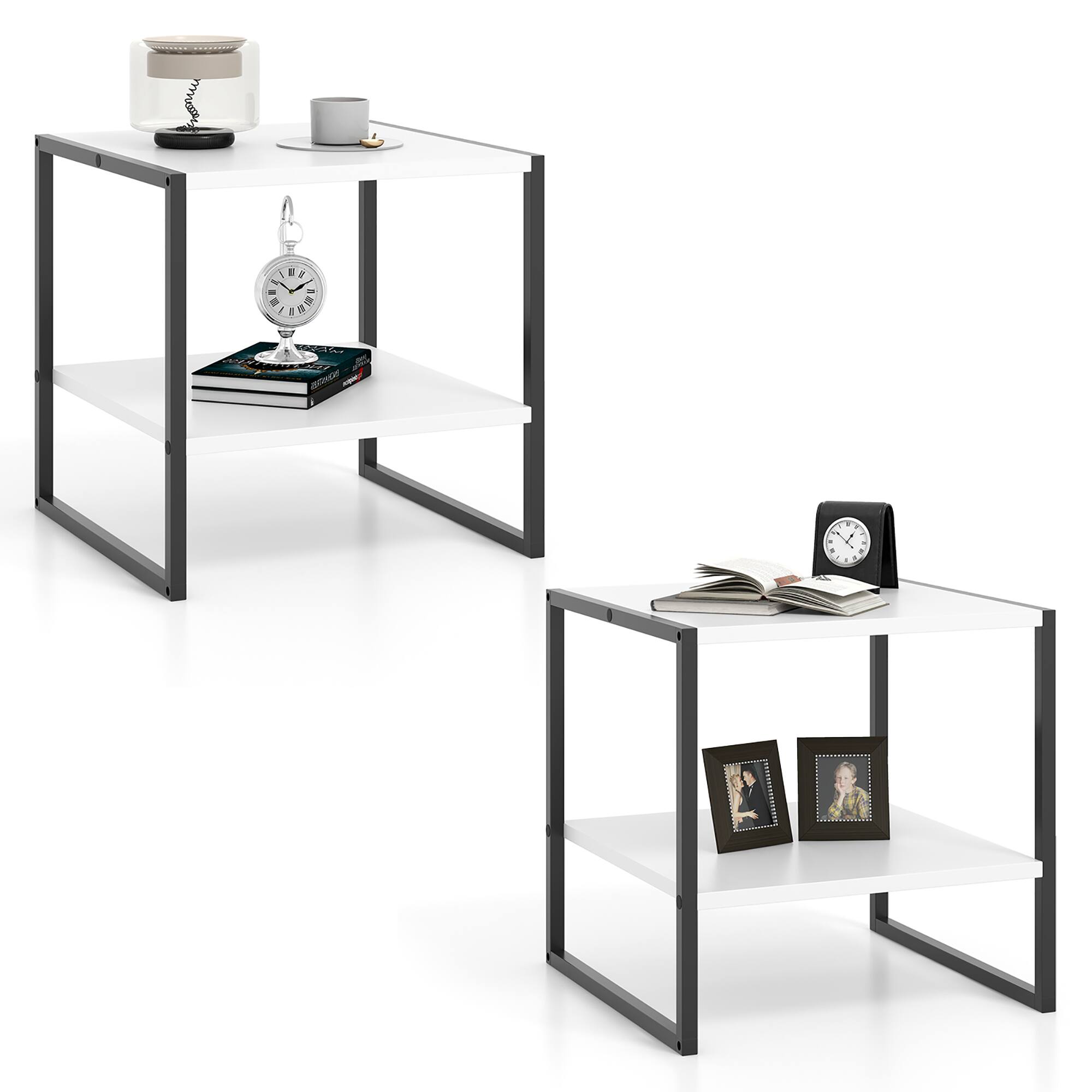 Front. Gymax - Gymax 2PCS 20'' 2-Tier End Table w/ Storage Shelf Reversible Design for Living Room - White, Black.