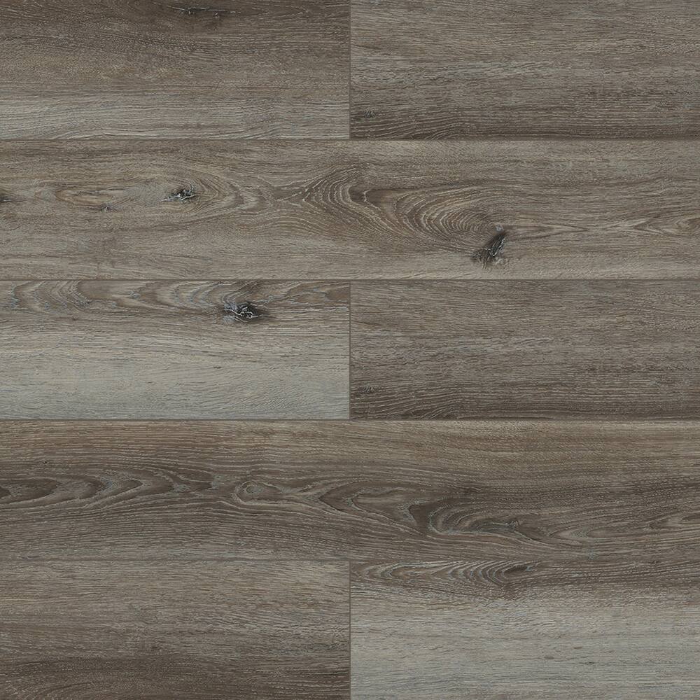 Left. Dotfloor - 48"x7.2" SPC Composite Flooring; 10 Planks/Box (23.9 sq. ft/Box); 6mm Thick with 1mm IXPE Backing; 20 mil Wear Layer; - Smoked Hickory.