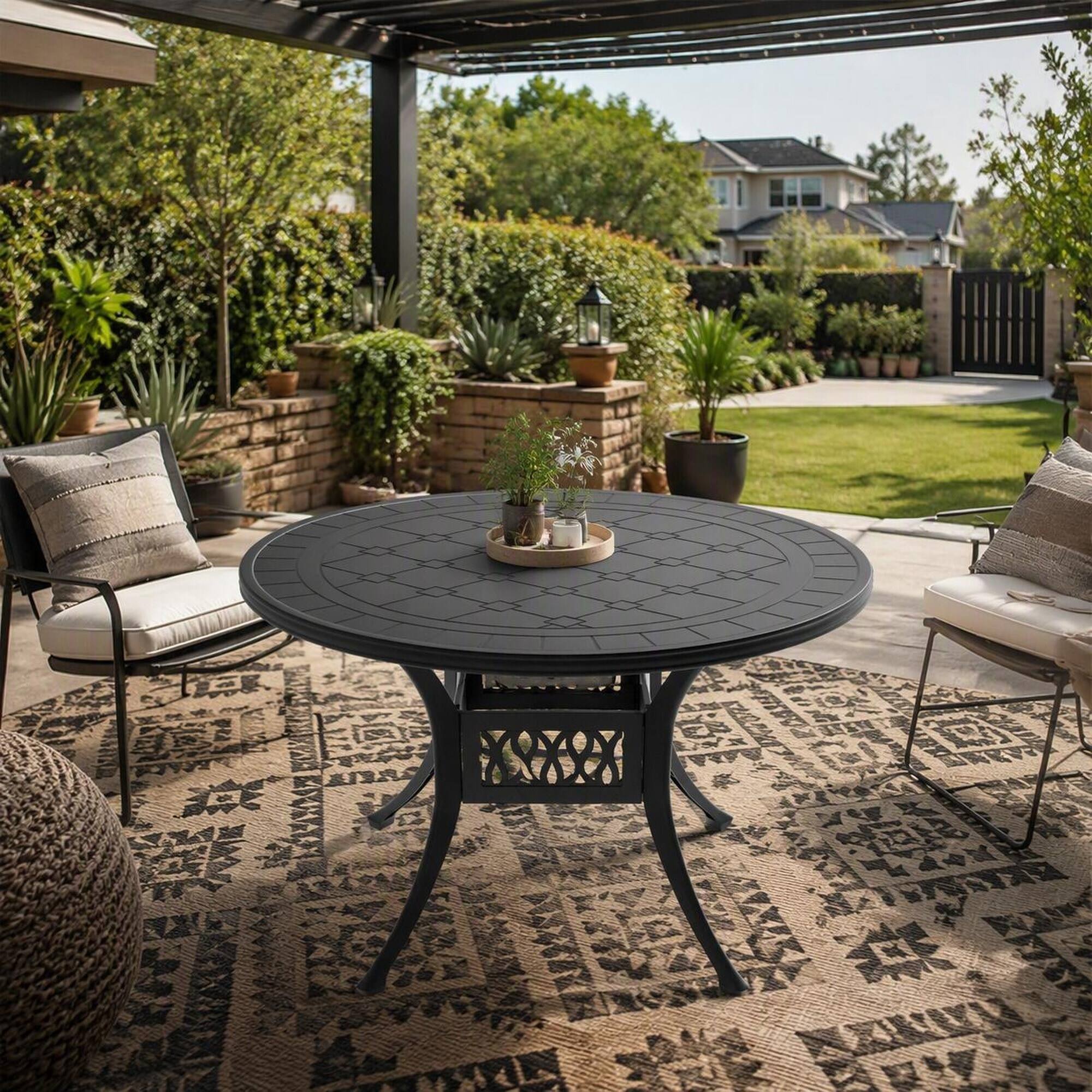 Back. RYHNUYNE - Round Cast Aluminum Patio Dining Table,39.37" Black Outdoor Bistro Table for Garden Deck Balcony - Black.