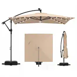 Costway - 8 x 8 FT Solar LED Offset Cantilever Patio Umbrella with 360° Rotation, Crank - Brown