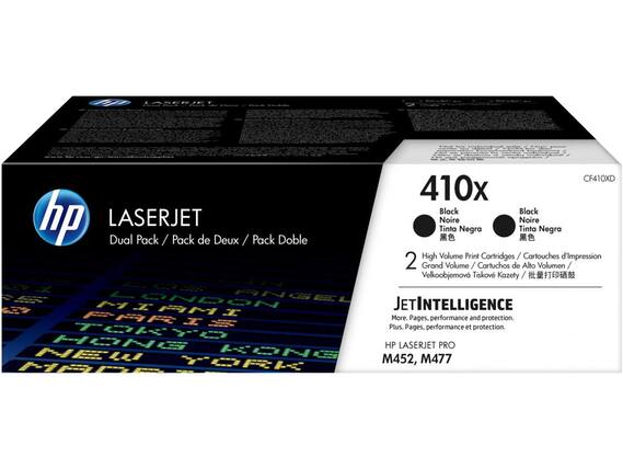 LASERJET CF410XD
410x Black
Dual Pack / Pack de Deux / Pack Doble
High Volume Print Cartridges / Cartouches d'Impression 2 Grand Volume / Cartuchos de Alto Volumen / Velkoobjemov Tiskov Kazety / 批量打印硒鼓
JET INTELLIGENCE
More Pages, performance and protection. Plus. Pages, performance et protection.
HP LASERJET PRO
M452, M477
Black
Noire
Tinta Negra
Tinta Negra