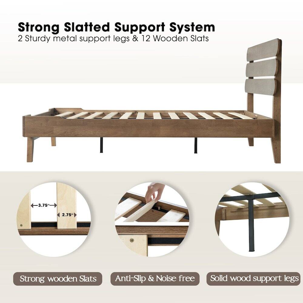 Strong Slatted Support System  
2 Sturdy metal support legs & 12 Wooden Slats  
3.75" x 2.75"  
Strong wooden Slats  
Anti-Slip & Noise free  
Solid wood support legs